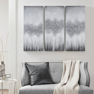 Heavily Embellished 3 Piece Canvas Wall Art Set Grey Mdf