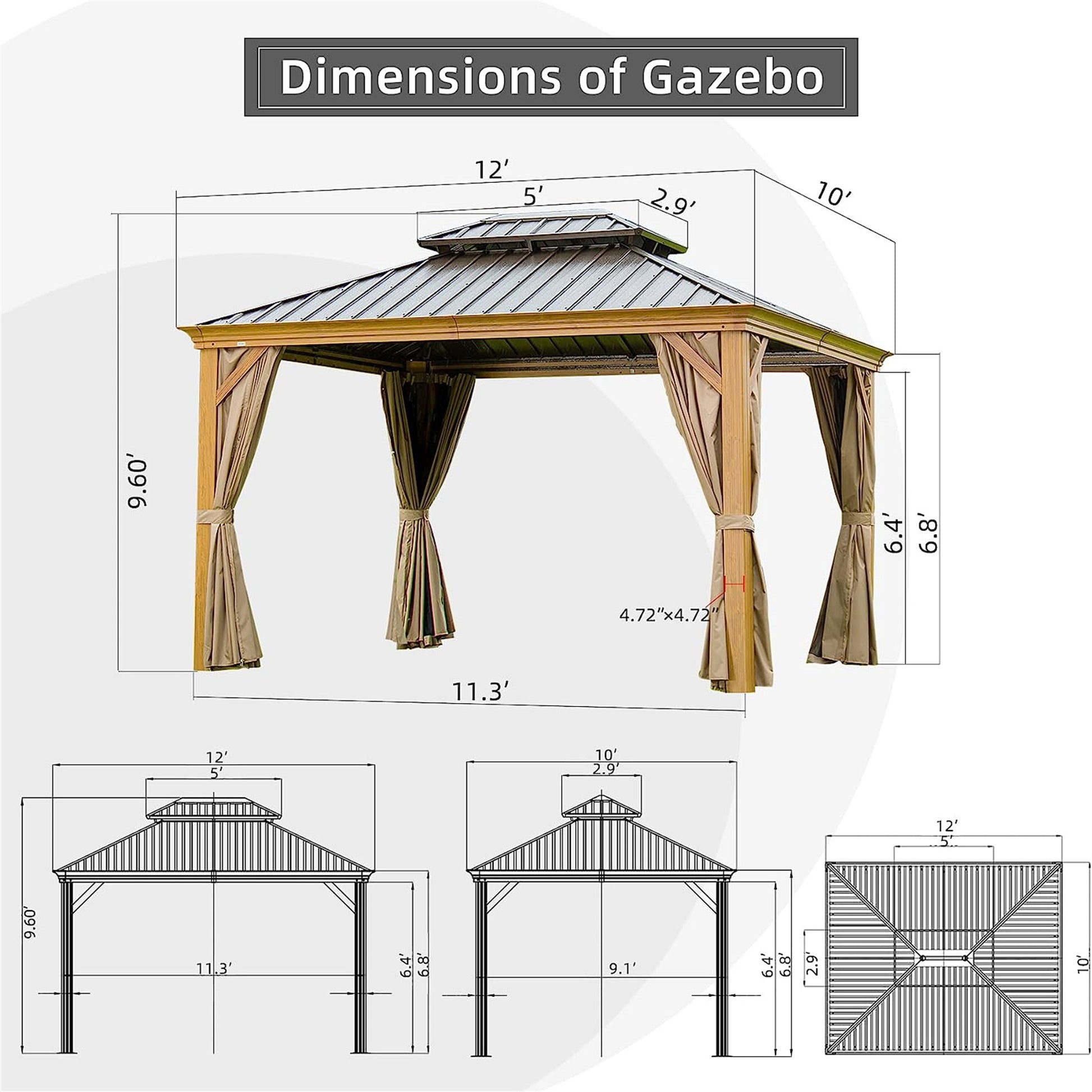 10'X12' Hardtop Gazebo, Wooden Coated Aluminum Frame Canopy With Galvanized Steel Double Roof, Outdoor Permanent Metal Pavilion With Curtains And Netting For Patio, Deck And Lawn Wood Looking Yellow Brown Aluminium