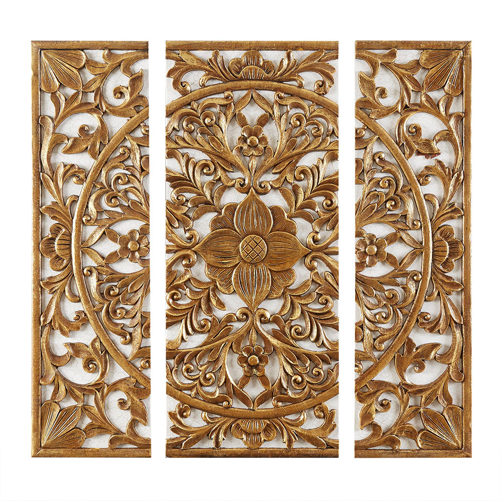 Triptych 3 Piece Dimensional Resin Canvas Wall Art Set Gold Wood