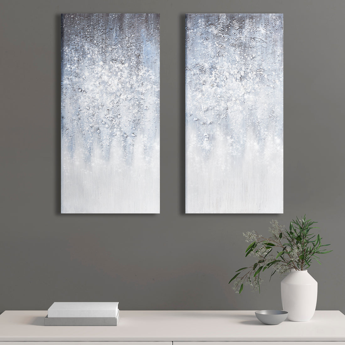 Heavily Embellished 2 Piece Canvas Wall Art Set White Blue Acrylic