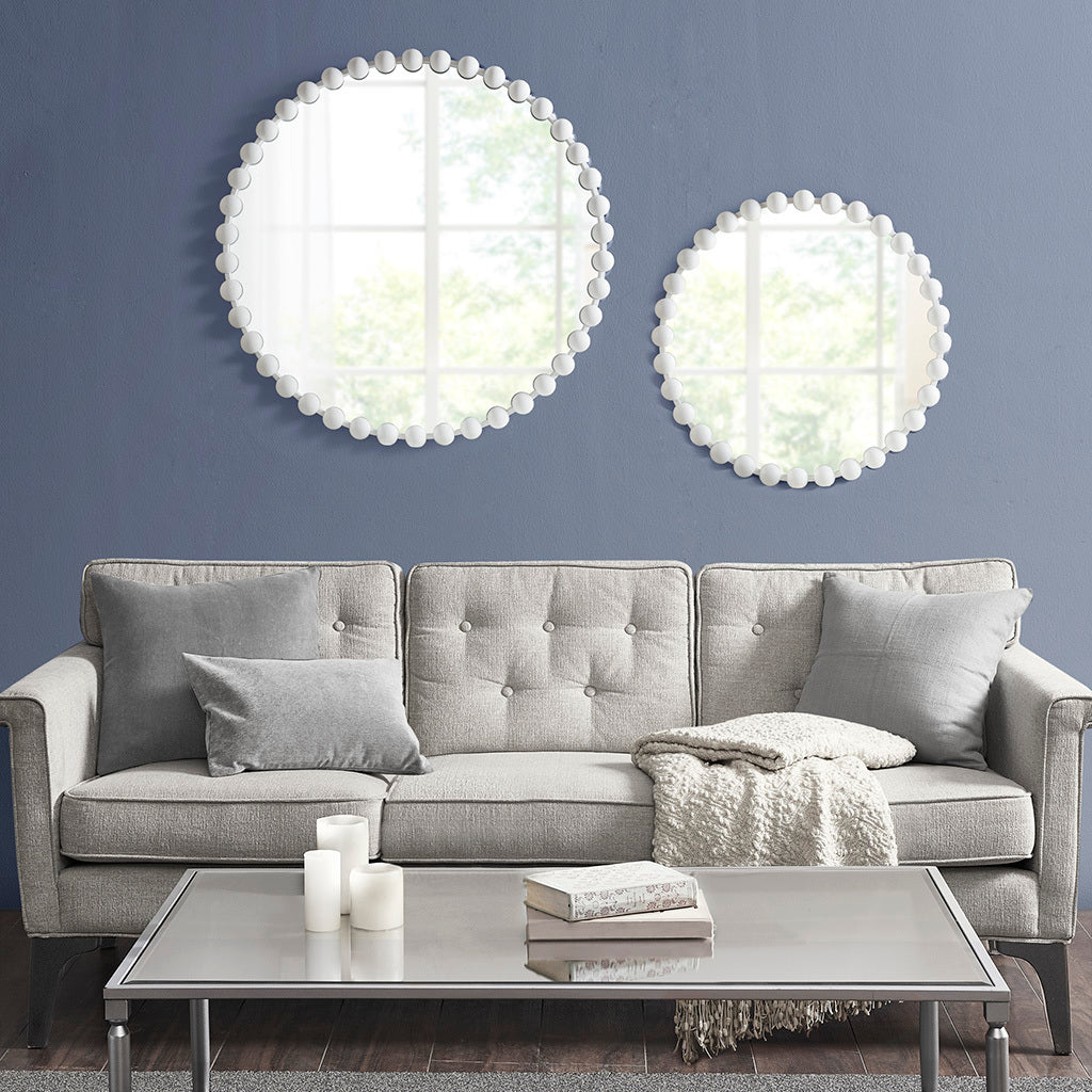 Beaded Round Wall Mirror 27"D White Mdf