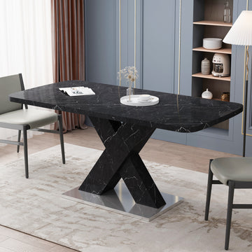 Modern Square Dining Table,Stretchable,Printed Black Marble Table Top Mdf X Shape Table Leg With Metal Base Black Mdf Steel