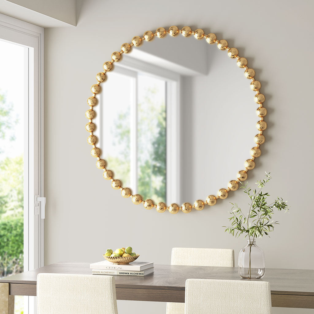 Beaded Round Wall Mirror 36"D Gold Mdf