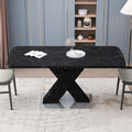 Modern Square Dining Table,Stretchable,Printed Black Marble Table Top Mdf X Shape Table Leg With Metal Base Black Mdf Steel