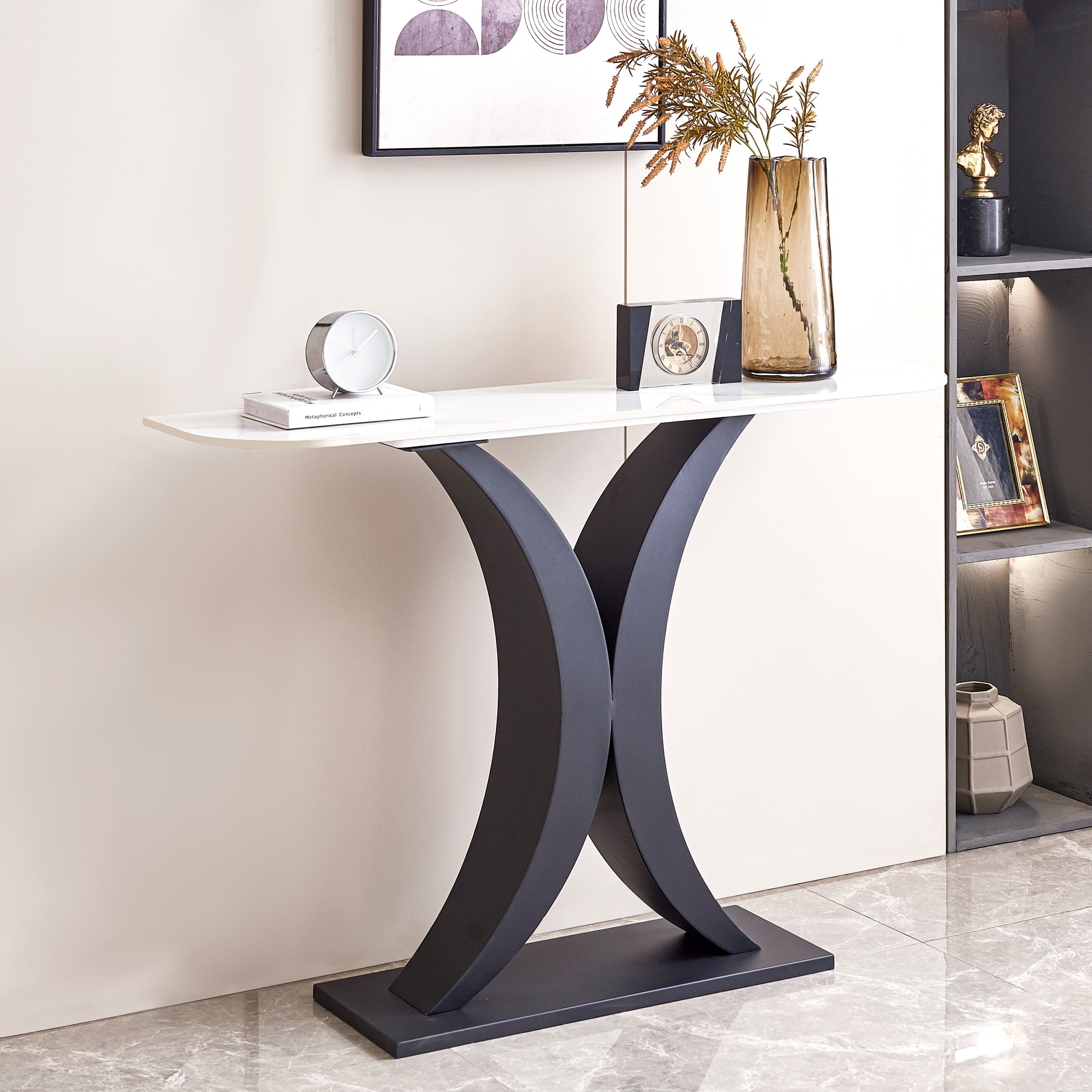 Modern Console Table, Exquisite Shape Design, Metal Frame With Adjustable Foot Pads For Entrance, Corridor, Living Room & Office. Black Black Steel
