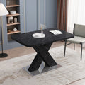 Modern Square Dining Table,Stretchable,Printed Black Marble Table Top Mdf X Shape Table Leg With Metal Base Black Mdf Steel