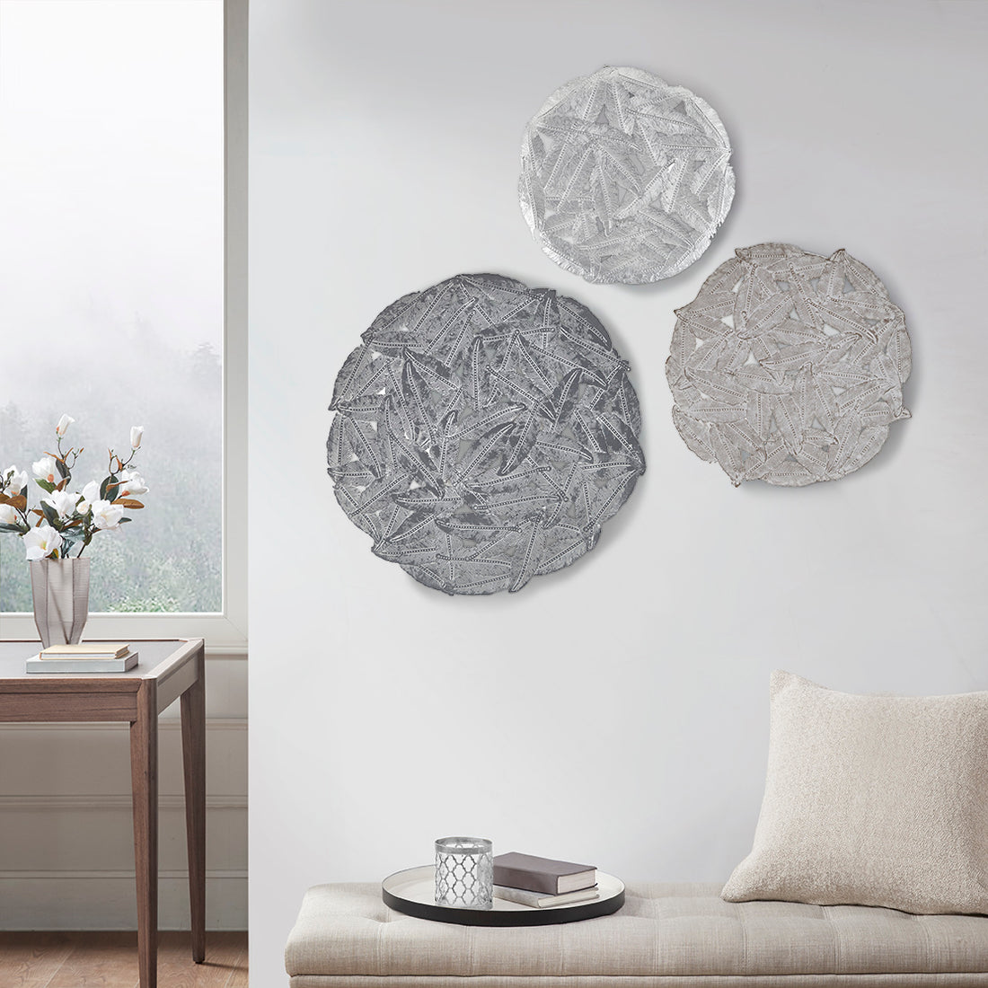 Textured Feather 3 Piece Metal Disc Wall Decor Set Grey Metal