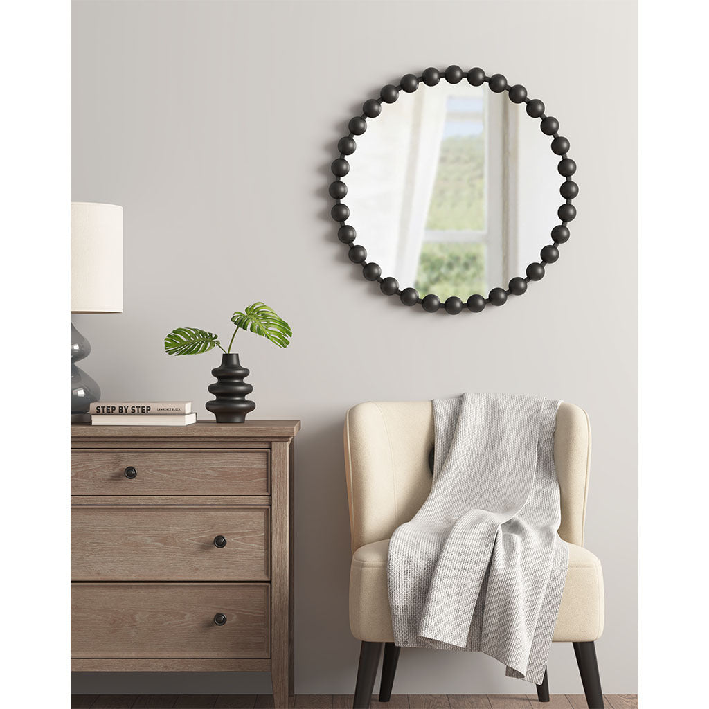 Beaded Round Wall Mirror 27"D Black Mdf