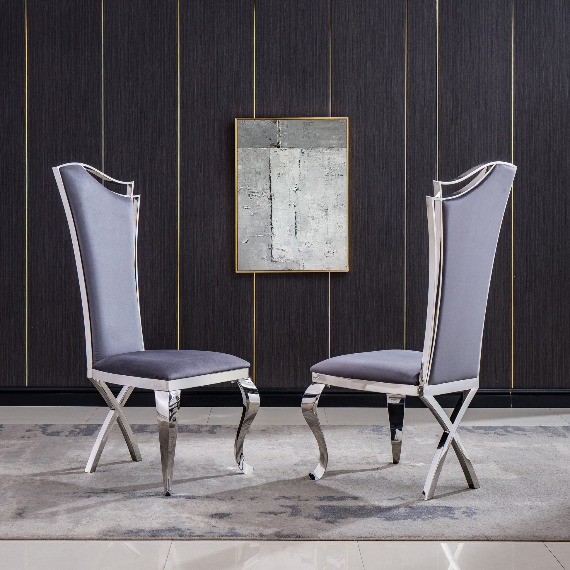 Velvet Unique Design Backrest Dining Chair With Stainless Steel Legs Set Of 2 Grey Velvet