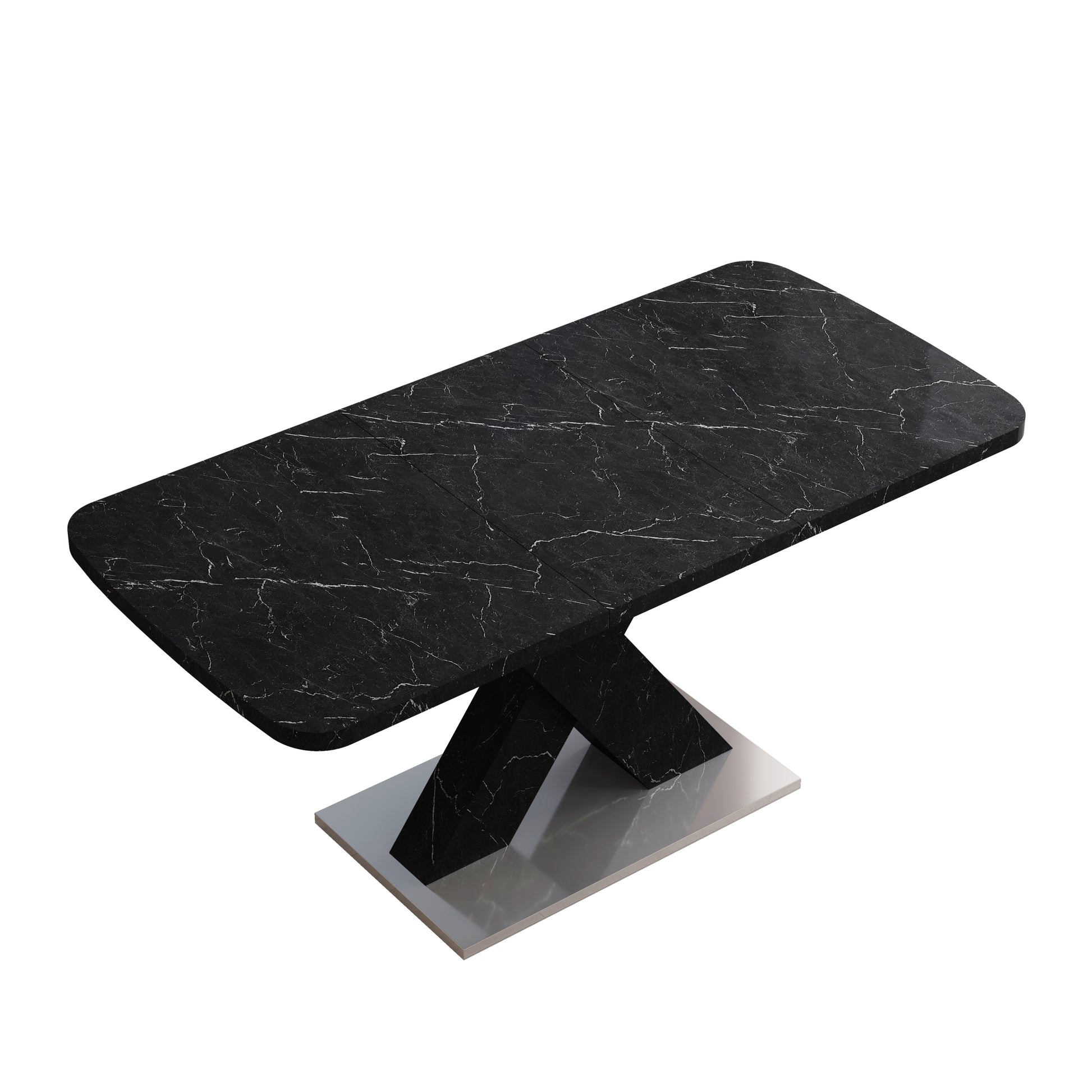 Modern Square Dining Table,Stretchable,Printed Black Marble Table Top Mdf X Shape Table Leg With Metal Base Black Mdf Steel