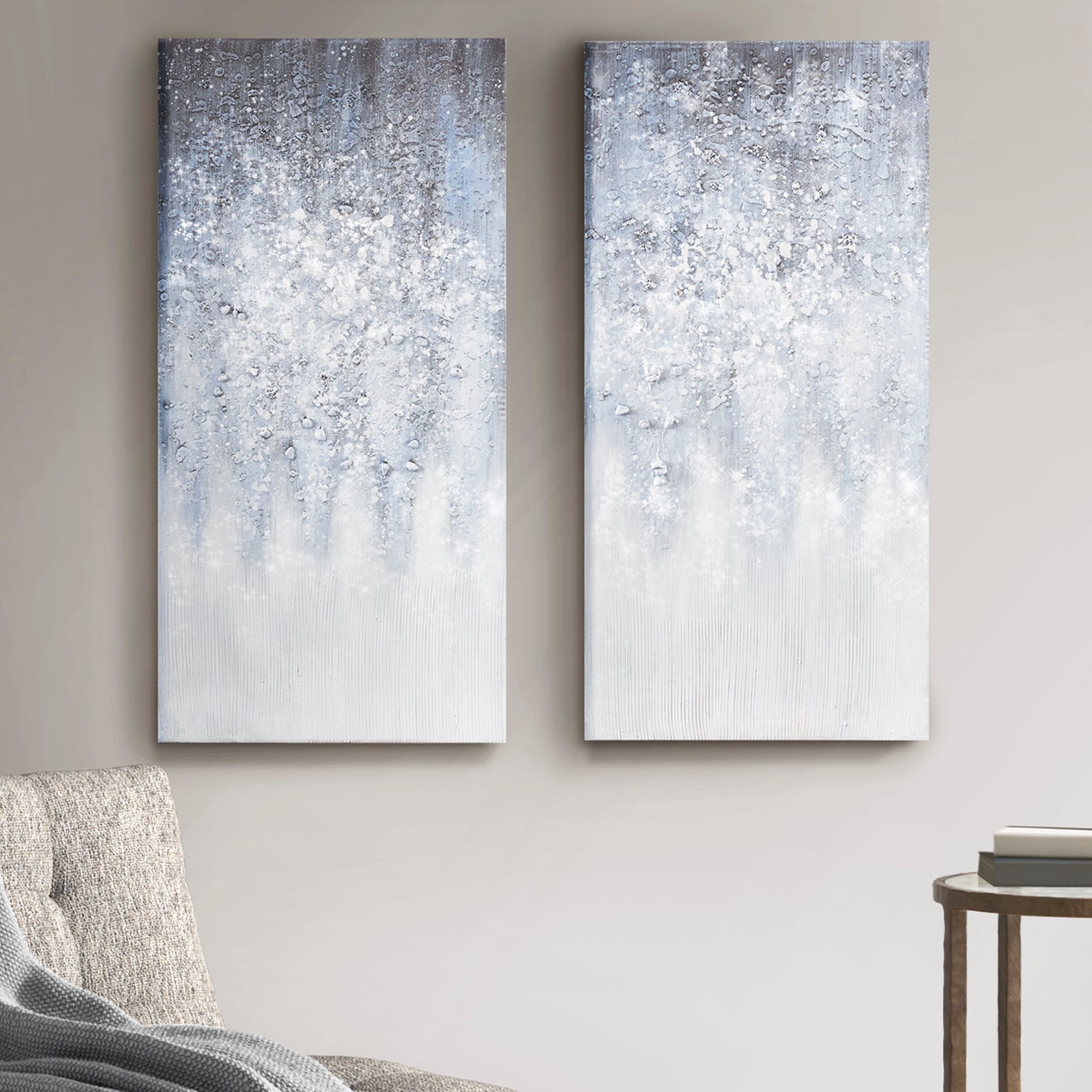 Heavily Embellished 2 Piece Canvas Wall Art Set White Blue Acrylic