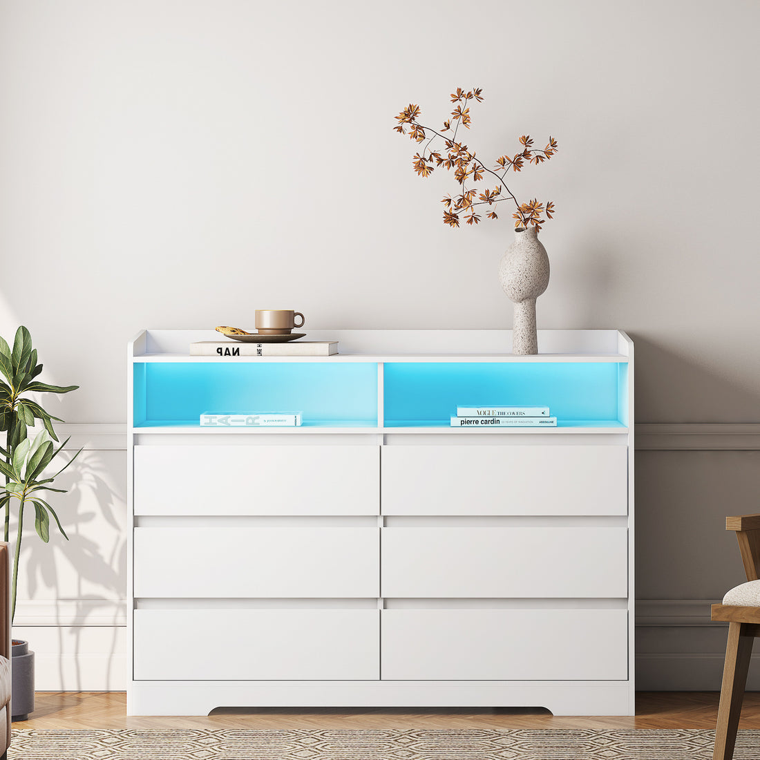 6 Drawer Dresser, White Dresser For Bedroom With Led Lights, Modern Dressers & Chests Of Drawers With Sturdy Frame For Living Room, Entryway, Hallway White Mdf