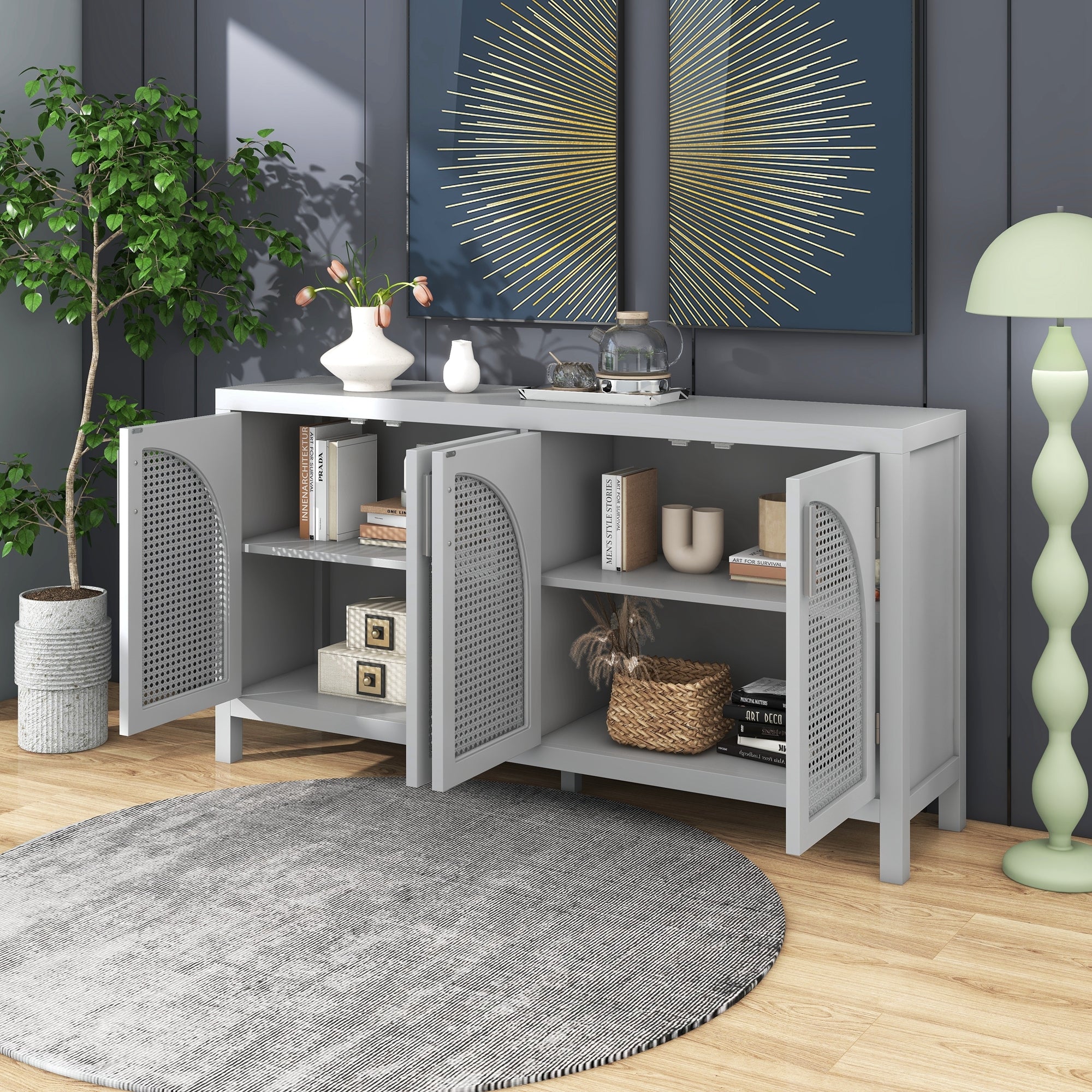 Large Storage Space Sideboard with Artificial gray-solid wood+mdf