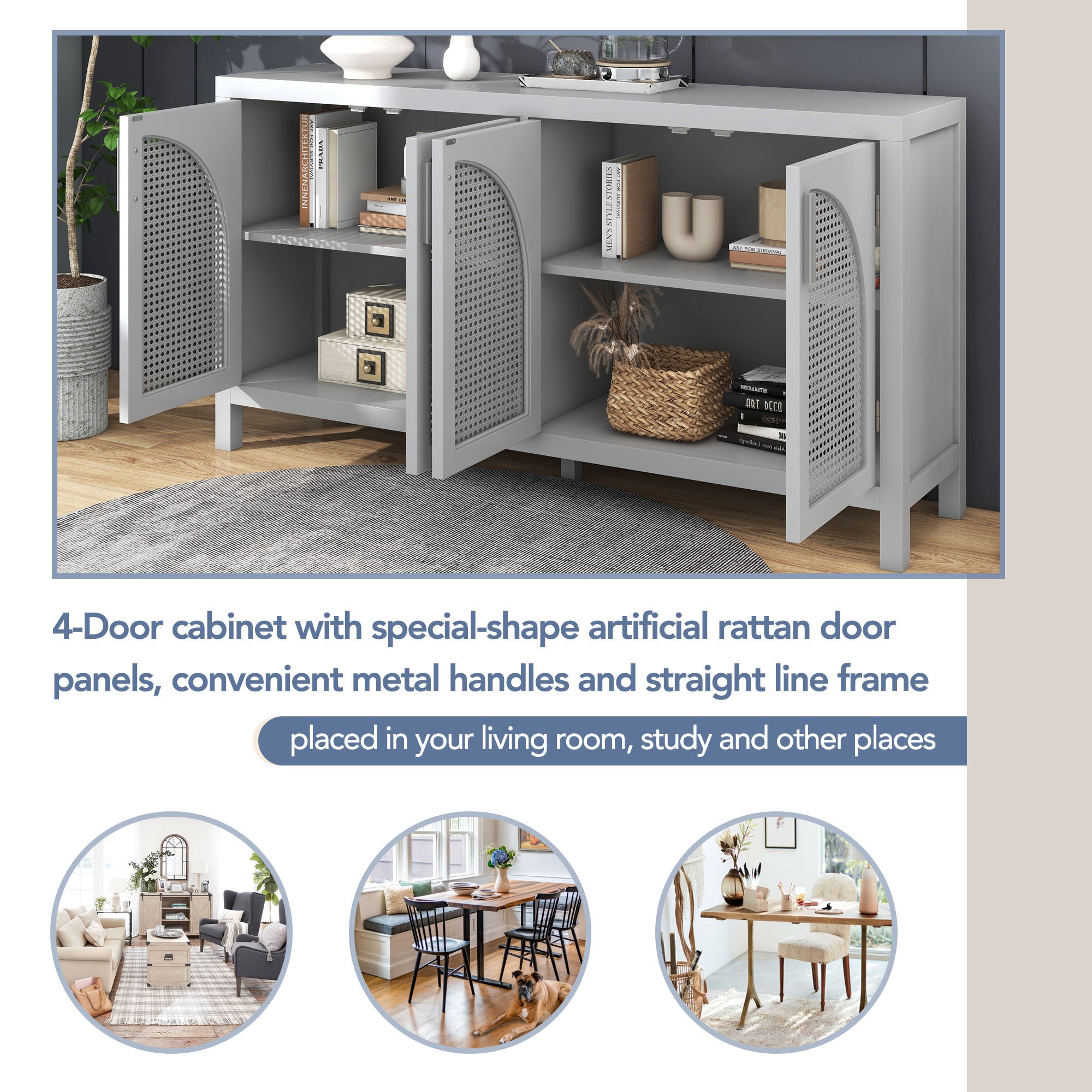 Large Storage Space Sideboard with Artificial gray-solid wood+mdf