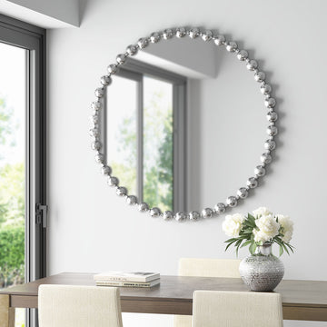 Beaded Round Wall Mirror 36"D Silver Mdf