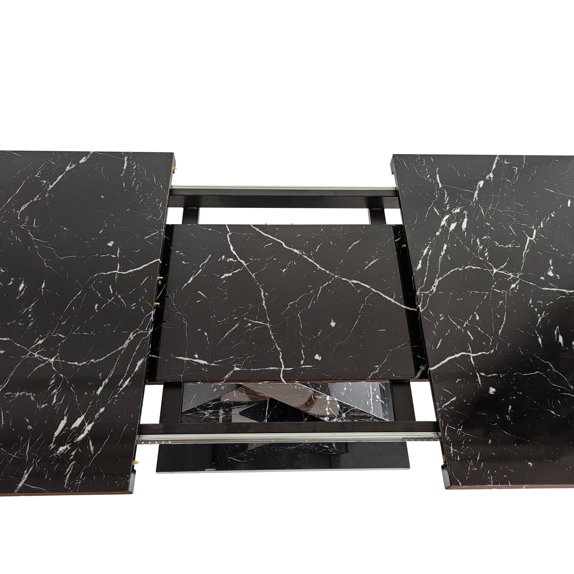 Modern Square Dining Table,Stretchable,Printed Black Marble Table Top Mdf X Shape Table Leg With Metal Base Black Mdf Steel
