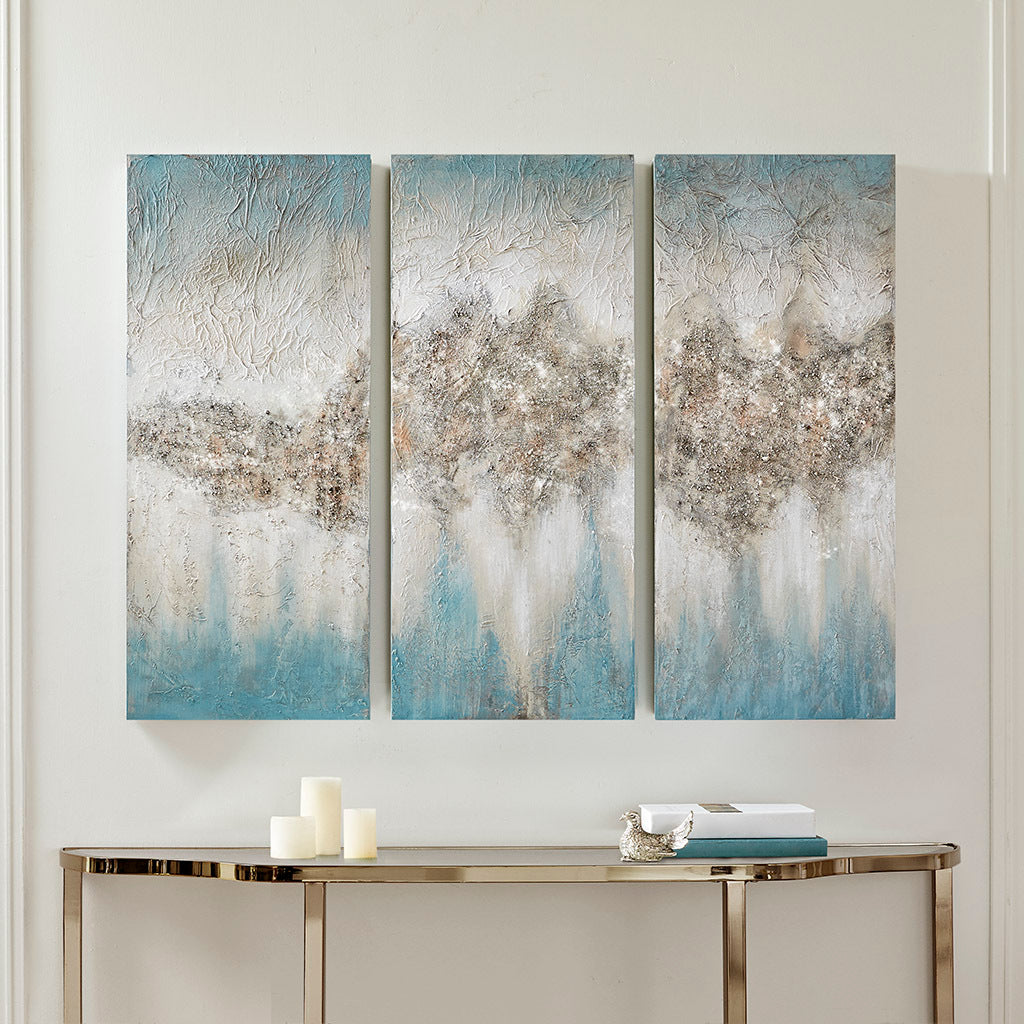 Heavily Embellished 3 Piece Canvas Wall Art Set Blue Mdf