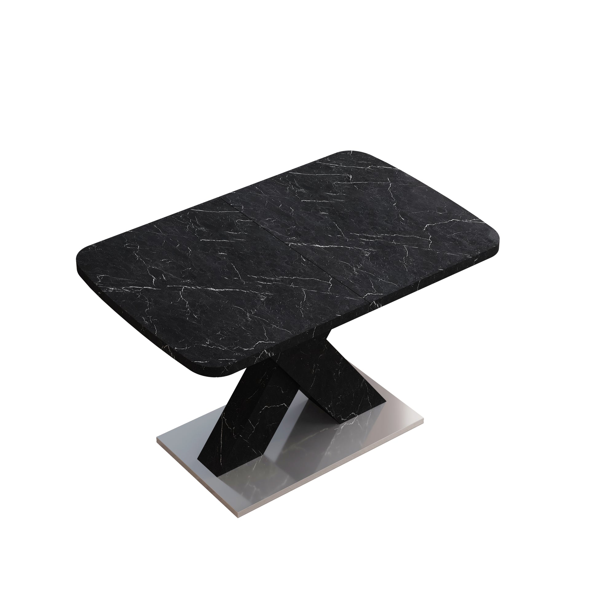 Modern Square Dining Table,Stretchable,Printed Black Marble Table Top Mdf X Shape Table Leg With Metal Base Black Mdf Steel