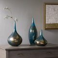 Blue And Bronze Decorative Glass Vases 3 Piece Set Blue Metal Glass