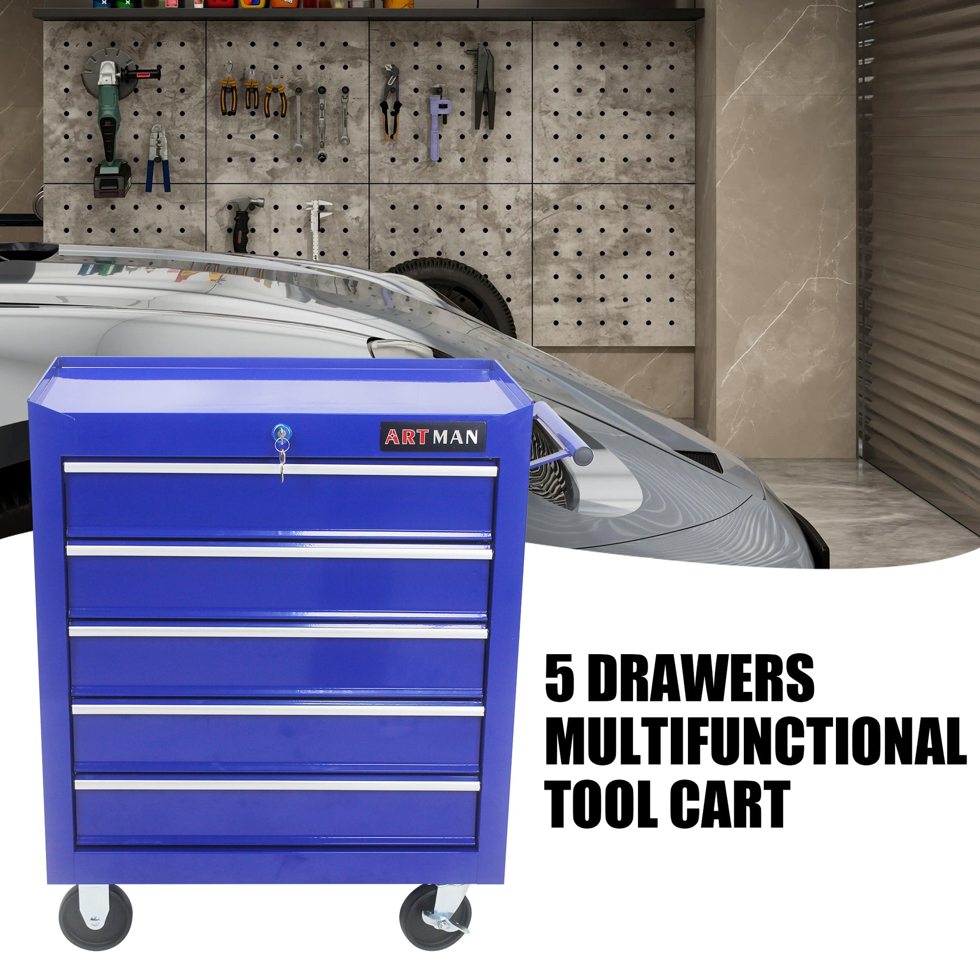 5 DRAWERS MULTIFUNCTIONAL TOOL CART WITH WHEELS BLUE blue-steel