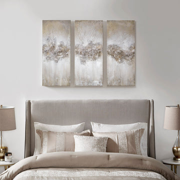 Heavily Embellished 3 Piece Canvas Wall Art Set Taupe Mdf