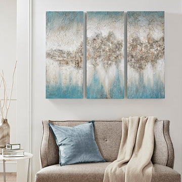 Heavily Embellished 3 Piece Canvas Wall Art Set Blue Mdf