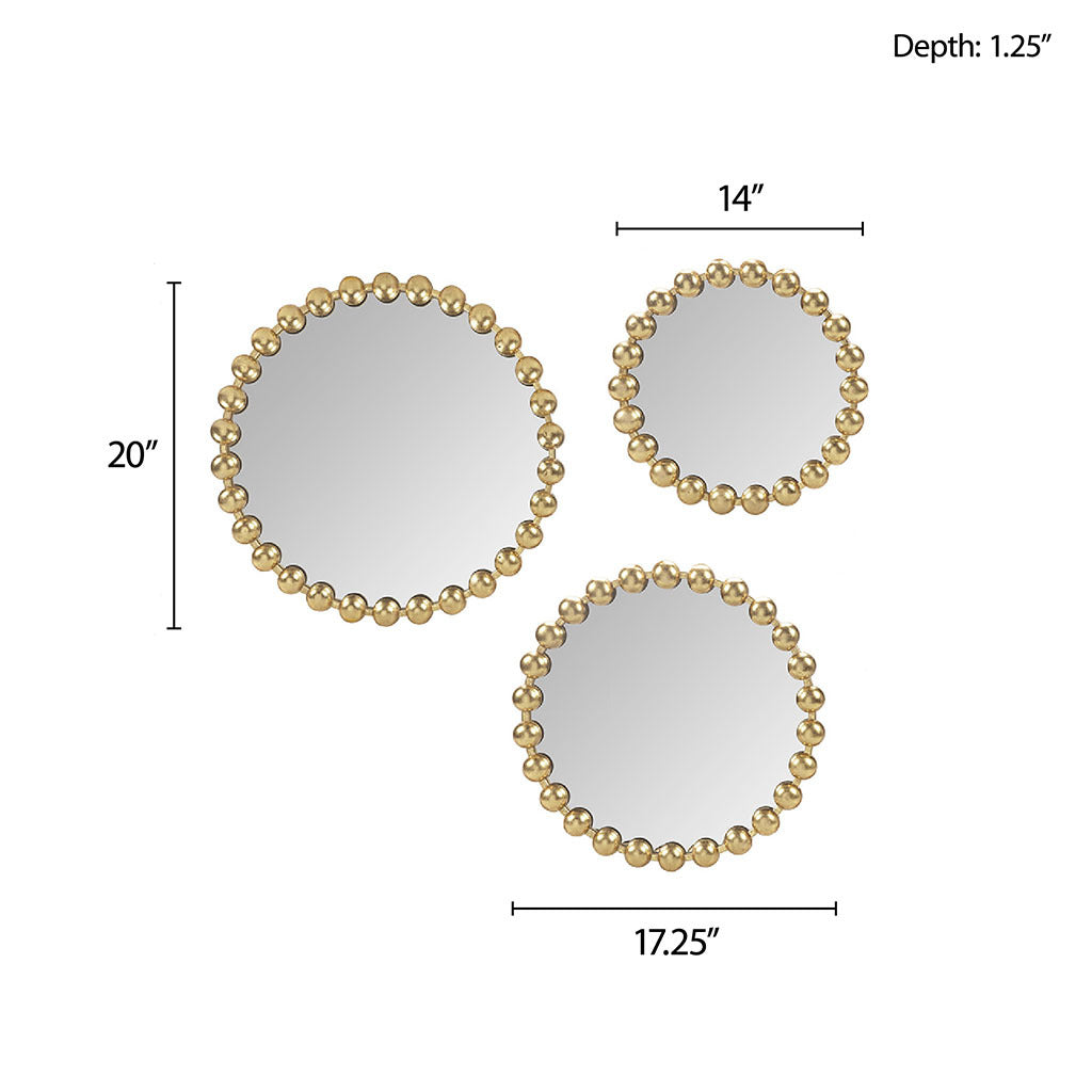 Gold Beaded Round Wall Mirror 3 Piece Set Gold Mdf