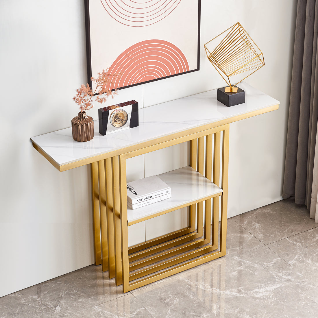 Modern Console Table, Metal Frame With Adjustable Foot Pads For Entrance, Corridor, Living Room & Office. Gold Gold Steel