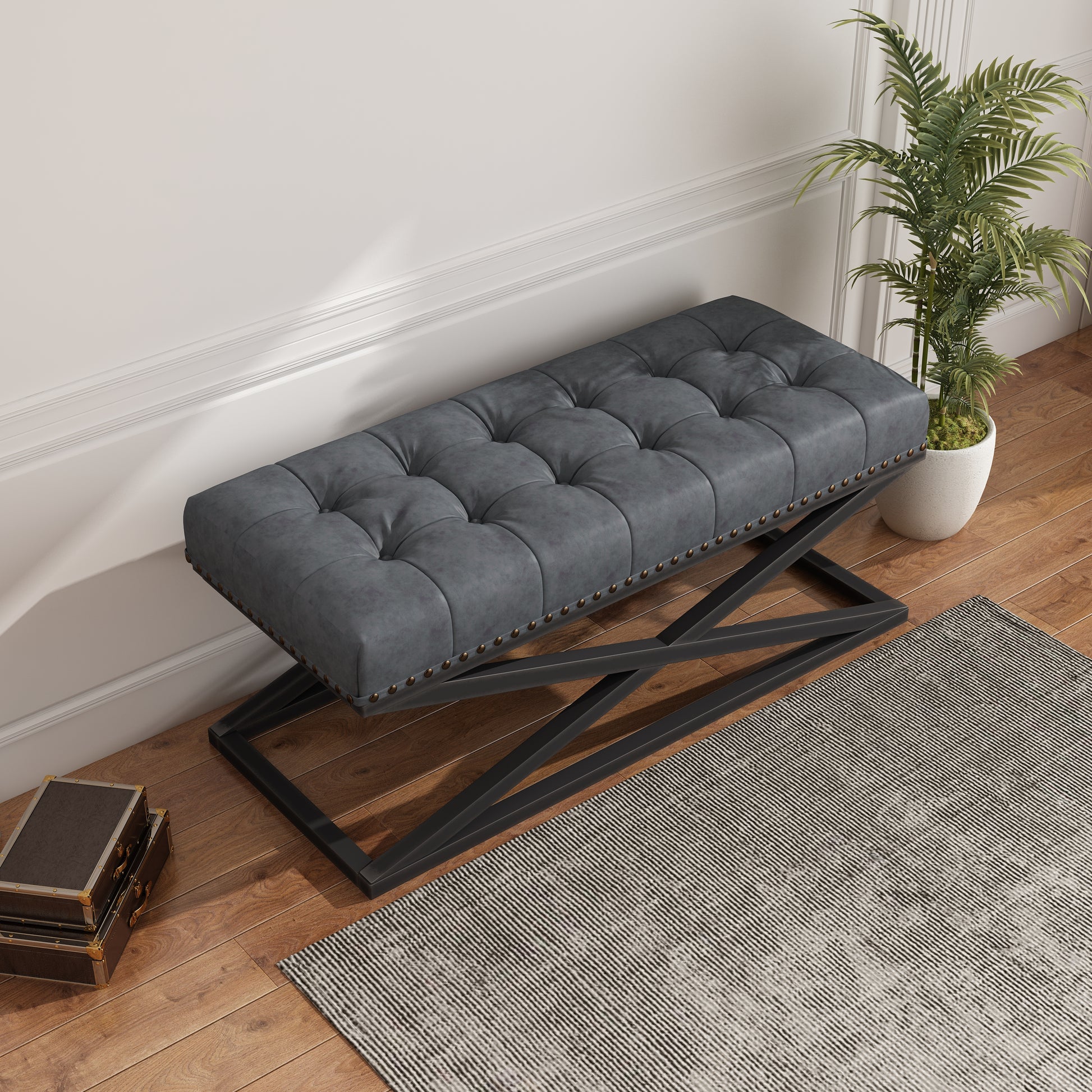 44" Retro Metal Base With Vintage Vegan Leather Bed Bench Dark Grey Dark Grey Foam Technical Leather