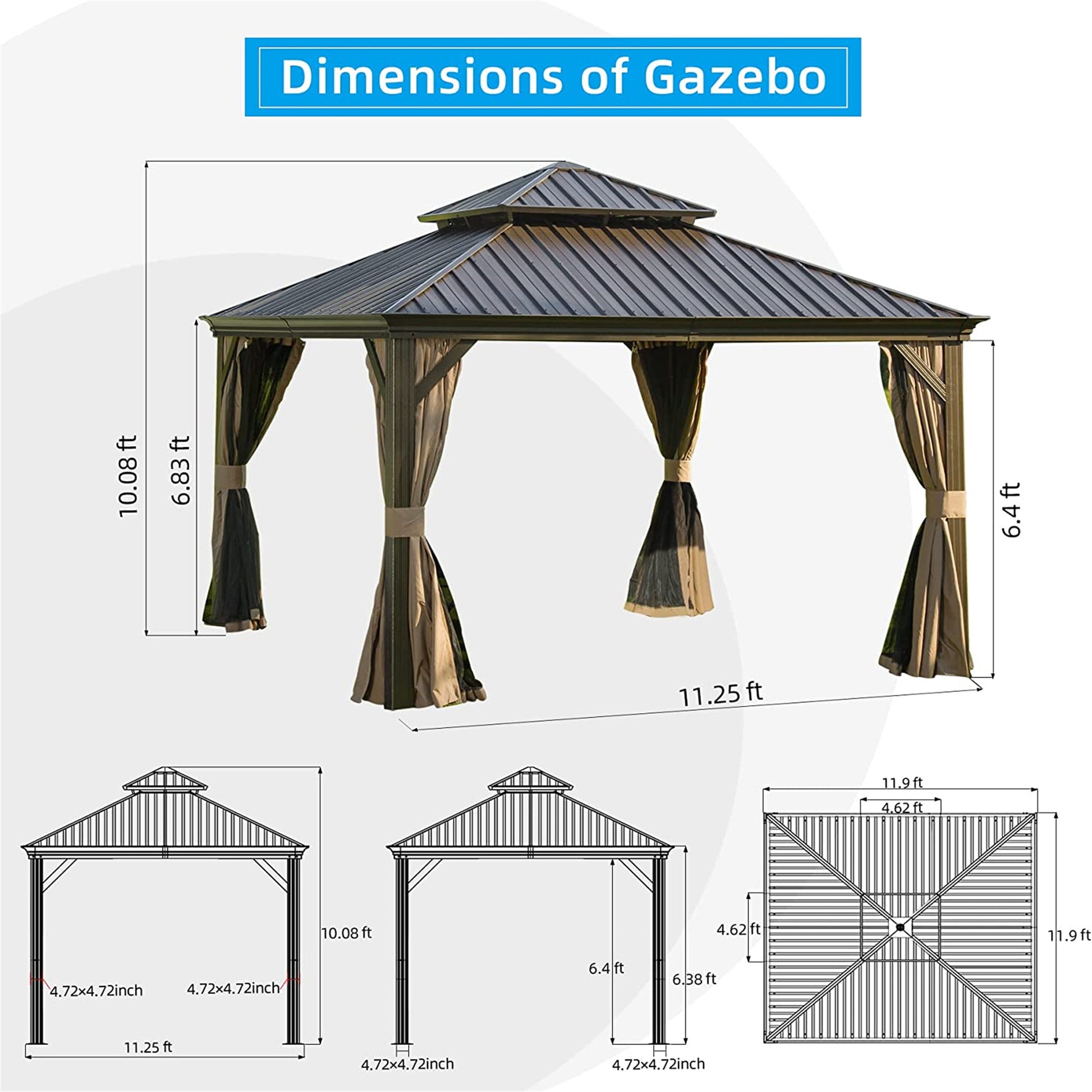 12'X12' Hardtop Gazebo, Outdoor Aluminum Frame Canopy With Galvanized Steel Double Roof, Outdoor Permanent Metal Pavilion With Curtains And Netting For Patio, Backyard And Lawn Brown Brown Aluminium