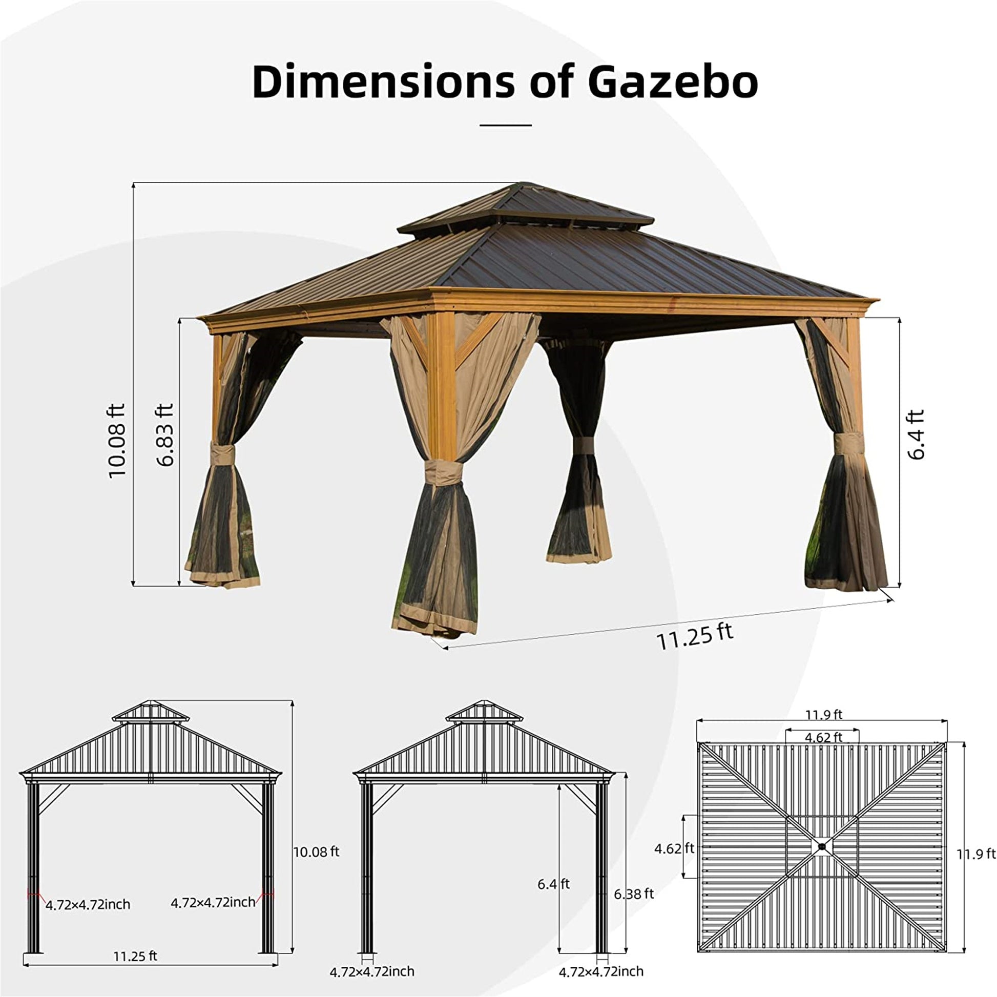 12'X12' Hardtop Gazebo, Wooden Coated Aluminum Frame Canopy With Galvanized Steel Double Roof, Outdoor Permanent Metal Pavilion With Curtains And Netting For Patio, Deck And Lawn Wood Looking Yellow Brown Aluminium