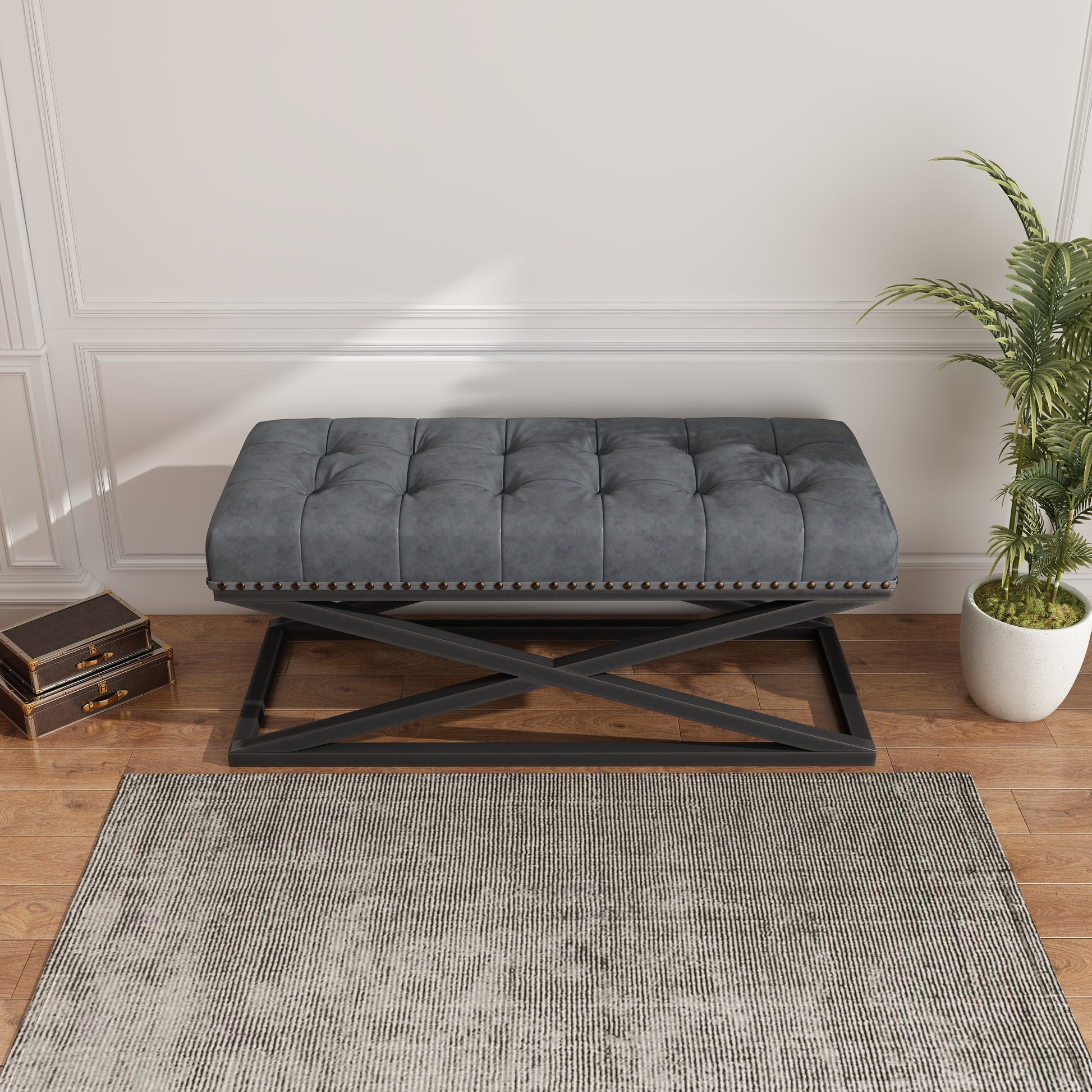 44" Retro Metal Base With Vintage Vegan Leather Bed Bench Dark Grey Dark Grey Foam Technical Leather