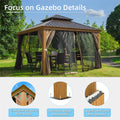 12'X12' Hardtop Gazebo, Wooden Coated Aluminum Frame Canopy With Galvanized Steel Double Roof, Outdoor Permanent Metal Pavilion With Curtains And Netting For Patio, Deck And Lawn Wood Looking Yellow Brown Aluminium