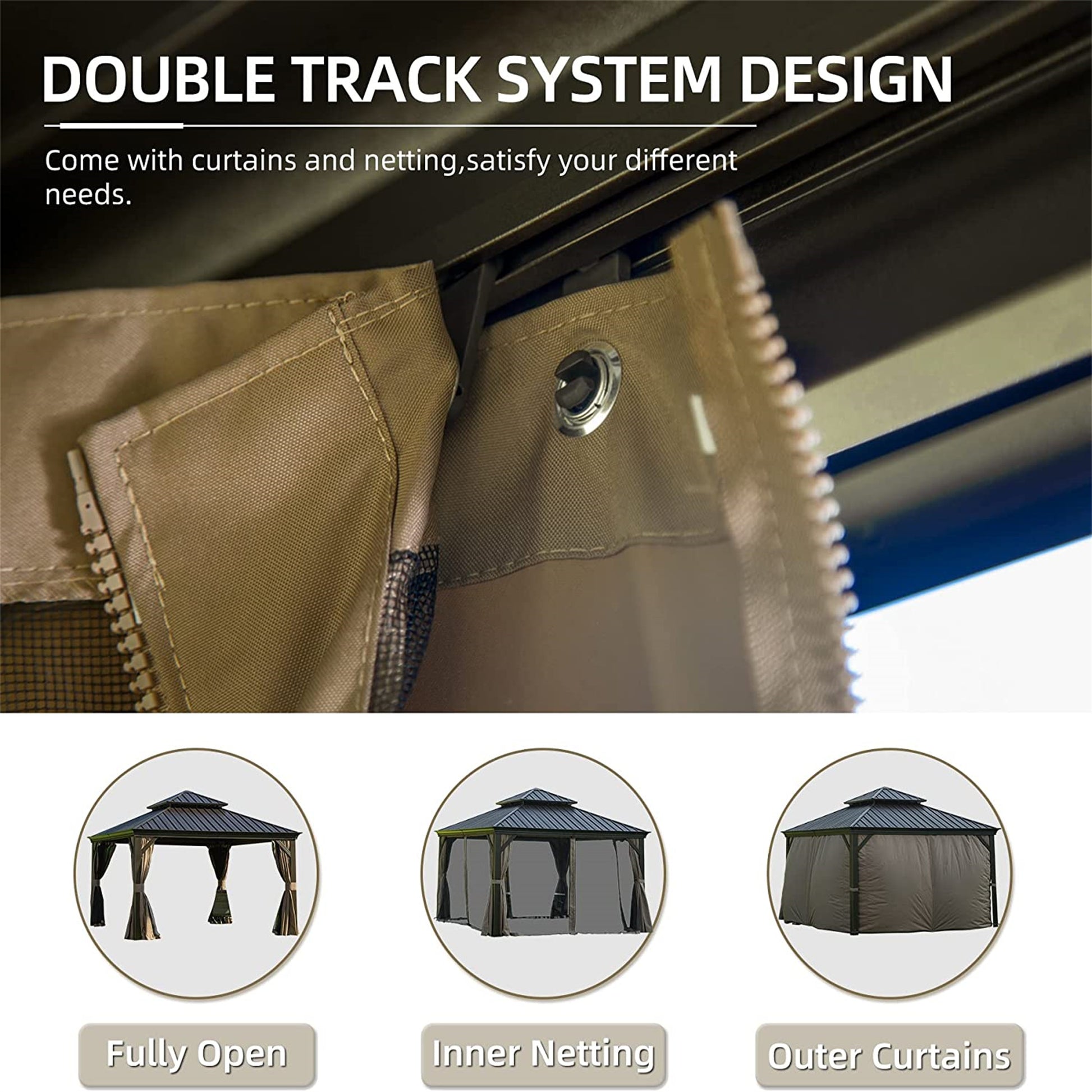 12'X12' Hardtop Gazebo, Outdoor Aluminum Frame Canopy With Galvanized Steel Double Roof, Outdoor Permanent Metal Pavilion With Curtains And Netting For Patio, Backyard And Lawn Brown Brown Aluminium