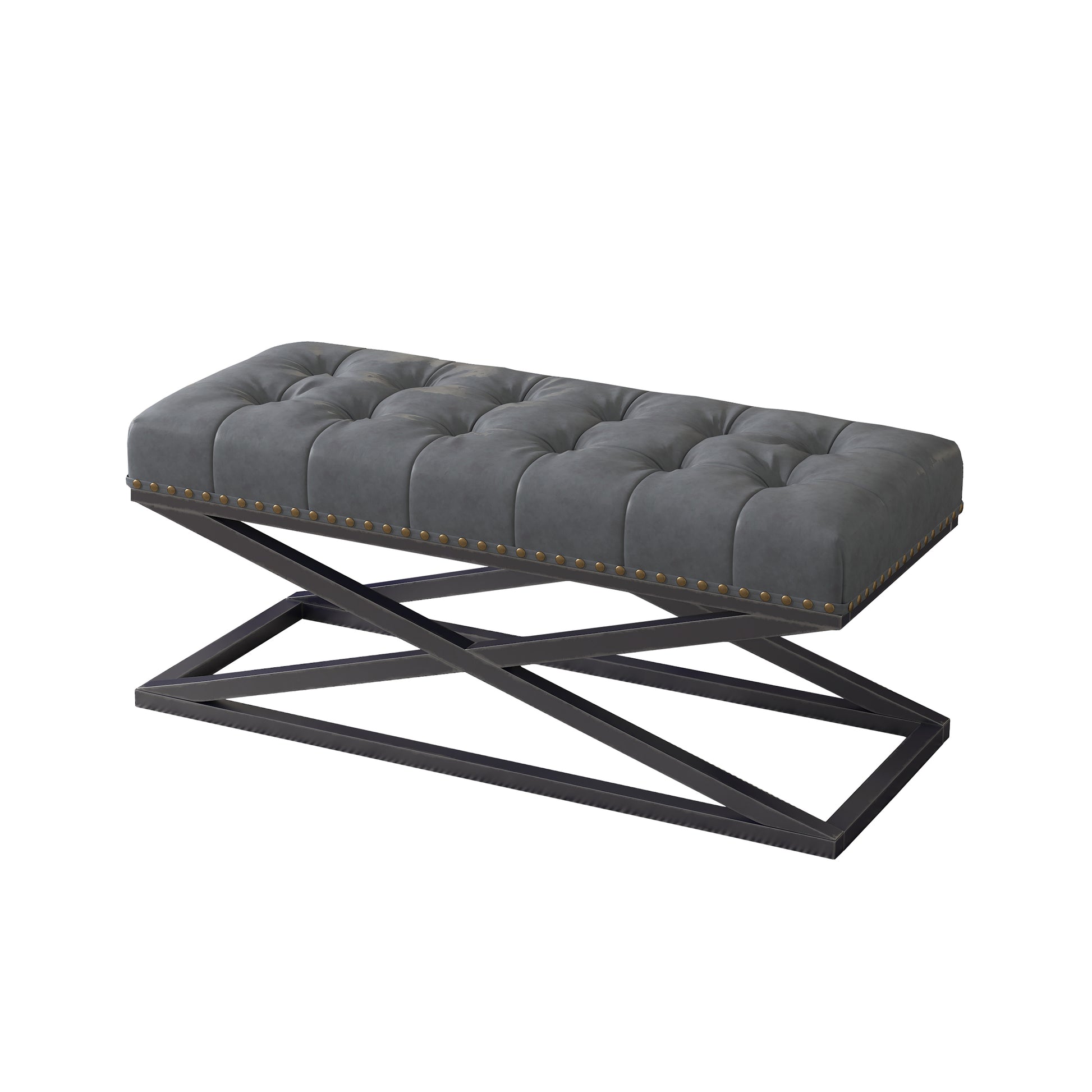 44" Retro Metal Base With Vintage Vegan Leather Bed Bench Dark Grey Dark Grey Foam Technical Leather