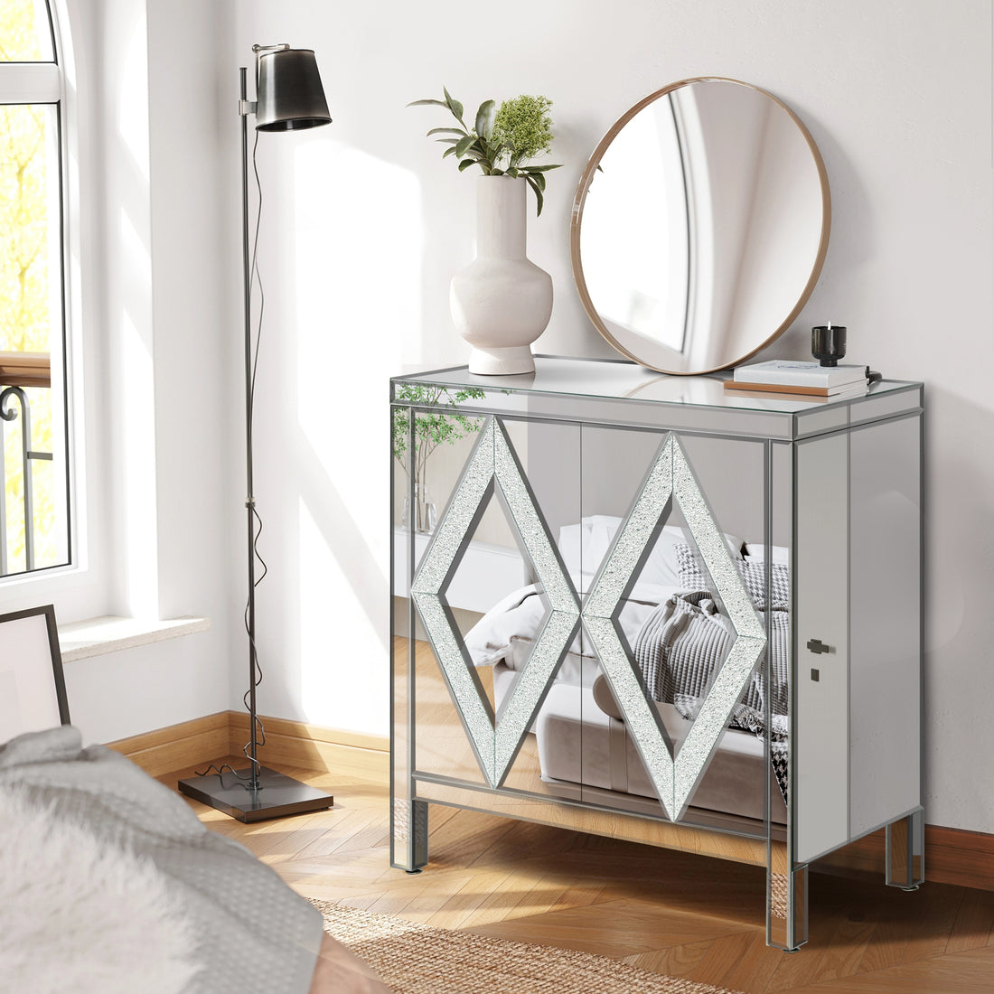 Storage Cabinet With Mirror Trim And Diamond Shape Design Spliced Combination For Living Room, Dining Room, Entryway, Kitchen Silver Mdf Glass