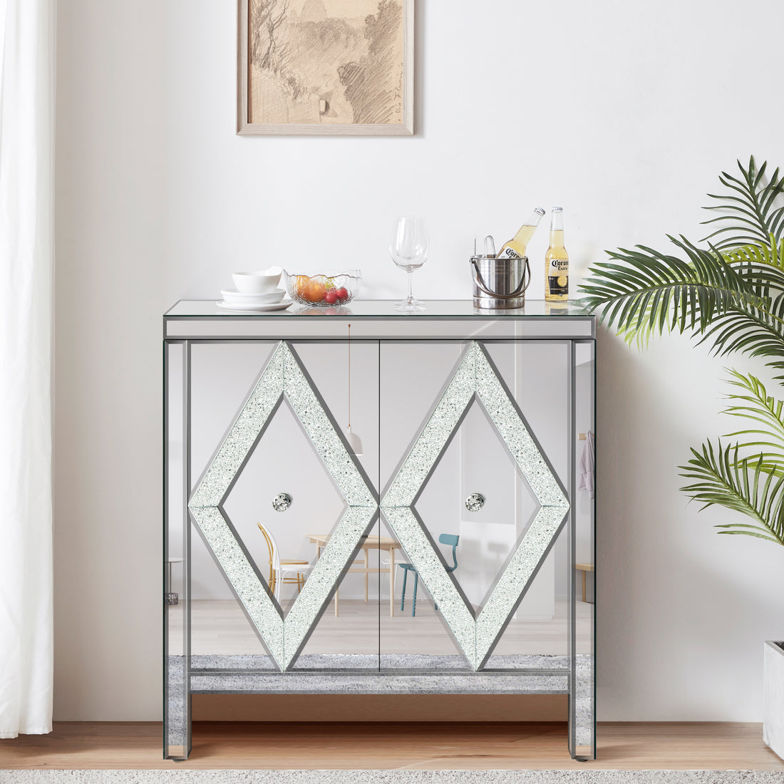 Storage Cabinet with Mirror Trim and Diamond Shape silver-mdf+glass