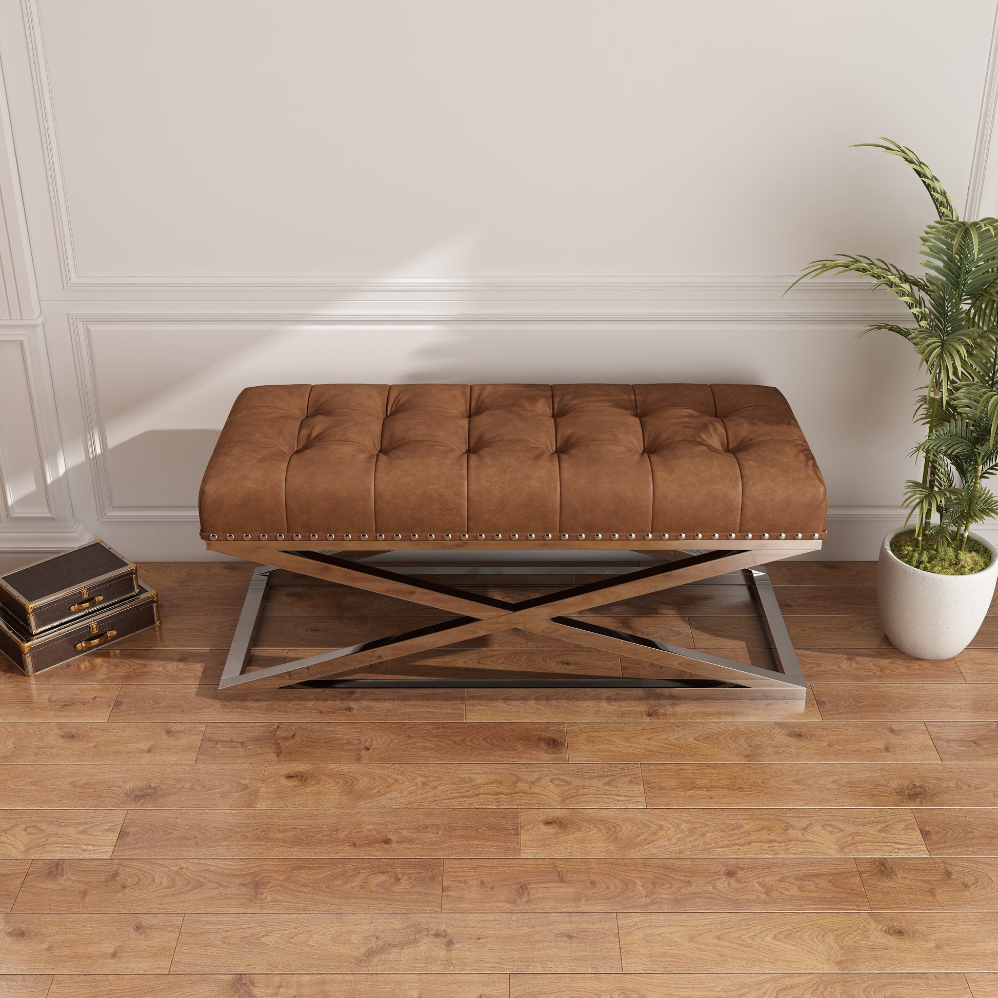 44" Stainless Steel Base With Vintage Vegan Leather Bed Bench Brown Brown Foam Technical Leather