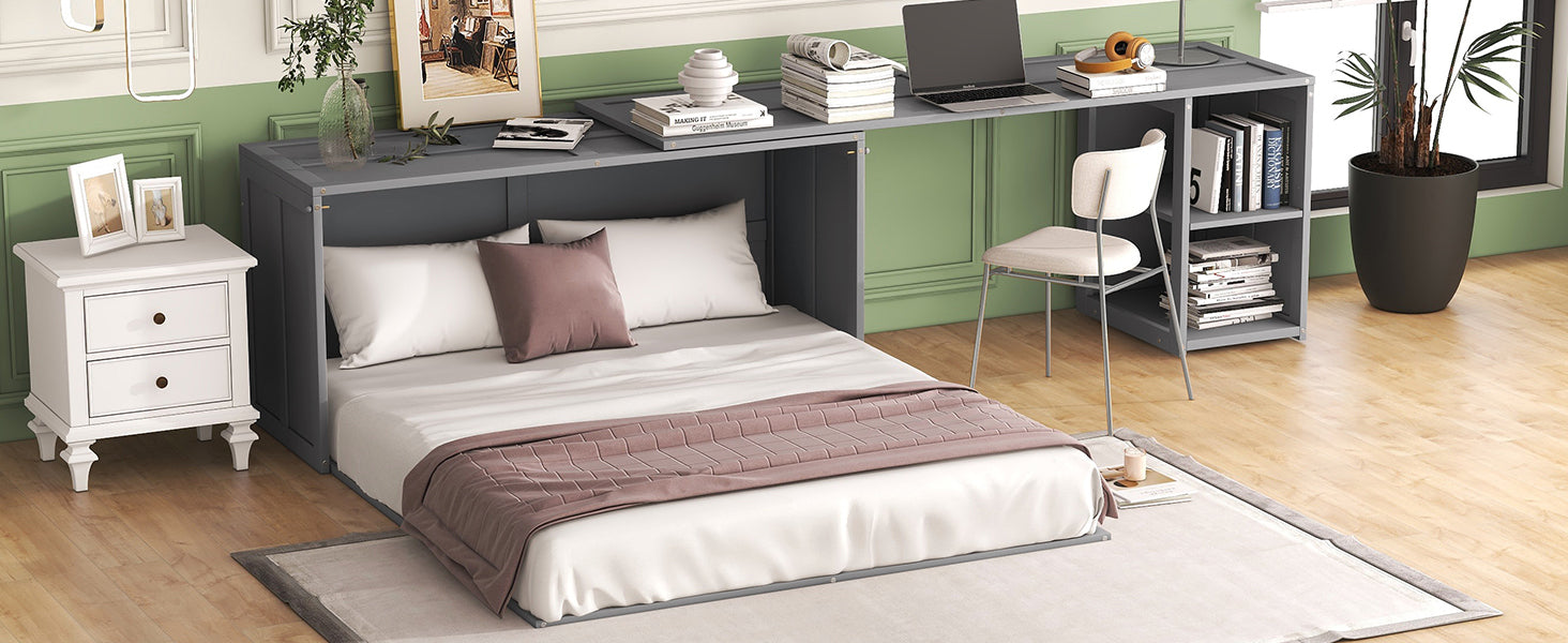 Queen Size Murphy Bed With Rotable Desk, Gray Box Spring Not Required Queen Gray Wood Bedroom Pine Bed Frame Solid Wood Mdf