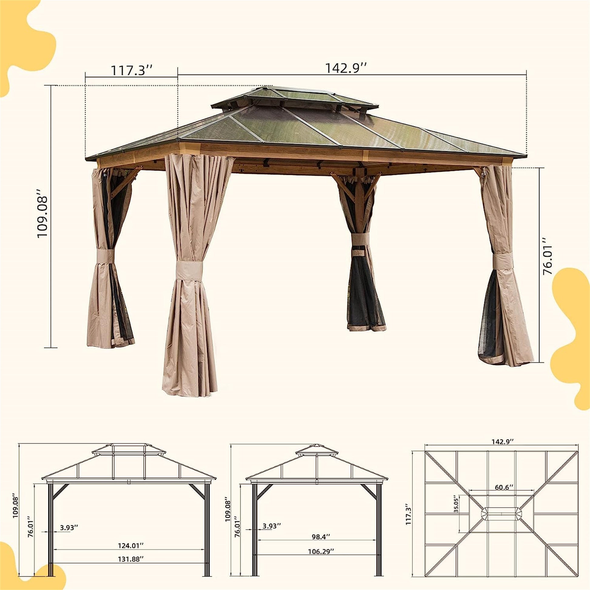 10'X12' Hardtop Gazebo, Permanent Outdoor Gazebo With Polycarbonate Double Roof, Aluminum Gazebo Pavilion With Curtain And Net For Garden, Patio, Lawns, Deck, Backyard Wood Looking Yellow Brown Aluminium