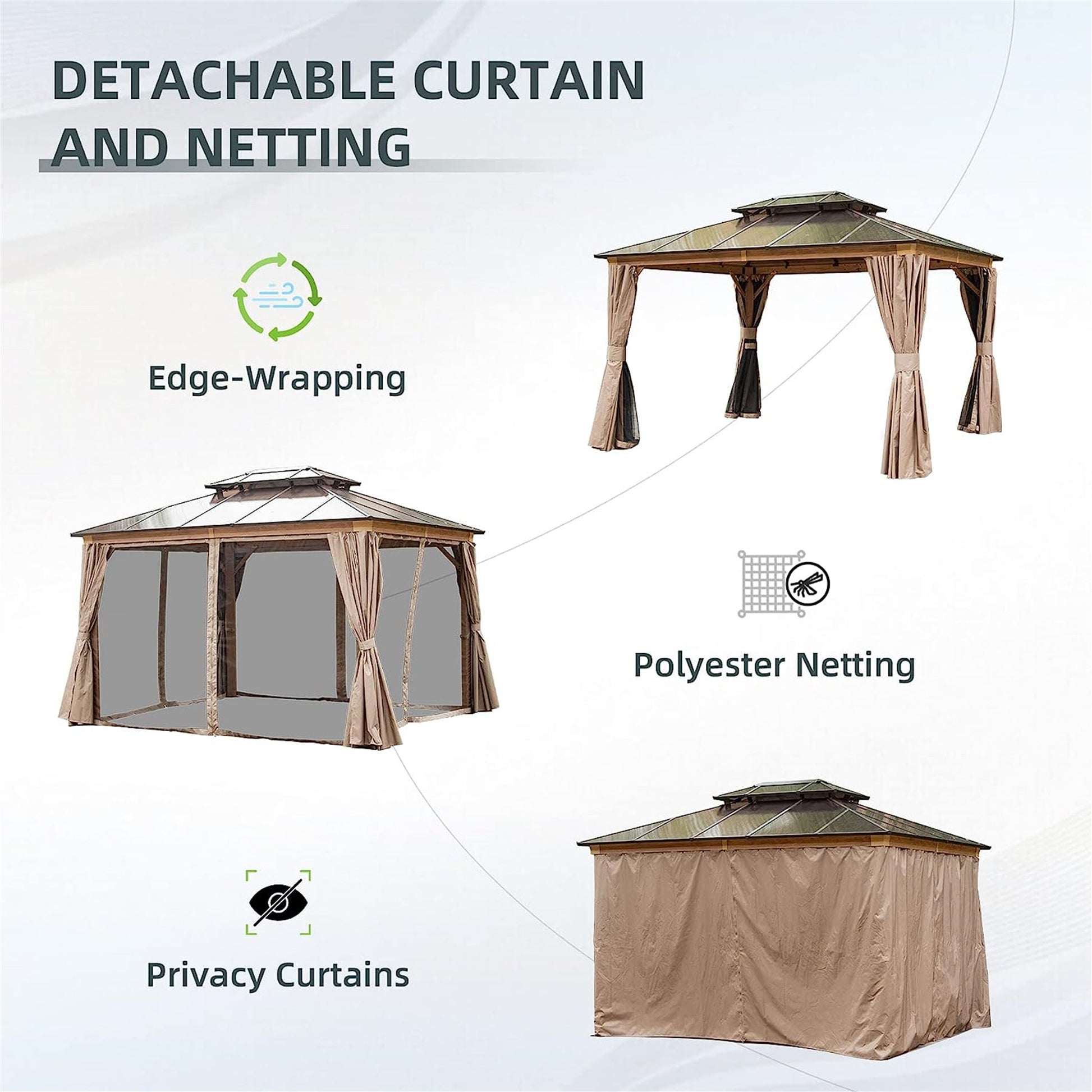 10'X12' Hardtop Gazebo, Permanent Outdoor Gazebo With Polycarbonate Double Roof, Aluminum Gazebo Pavilion With Curtain And Net For Garden, Patio, Lawns, Deck, Backyard Wood Looking Yellow Brown Aluminium