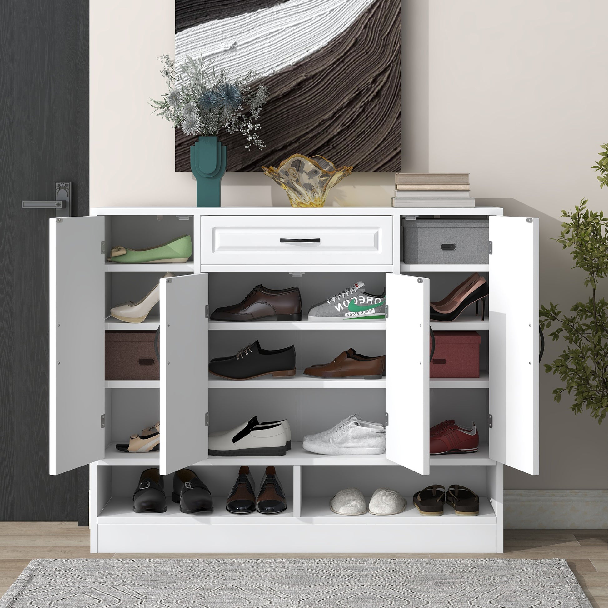 Sleek And Modern Shoe Cabinet With Adjustable Shelves, Minimalist Shoe Storage Organizer With Sturdy Top Surface, Space Saving Design Side Board For Various Sizes Of Items, White Square 3 4 Spaces White Primary Living Space Shelves Included Particle