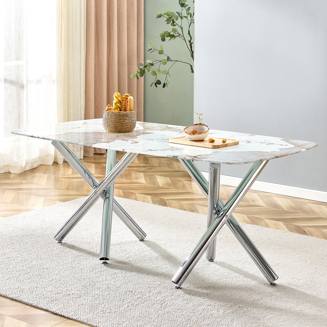 Large Modern Minimalist Rectangular Dining Table Suitable For 6 8 People, Equipped With A 0.39 "Imitation Marble Tabletop And Metal Legs,For Kitchen Dining Living Meeting Room Banquet Hall,71"X 40"X30 White Glass