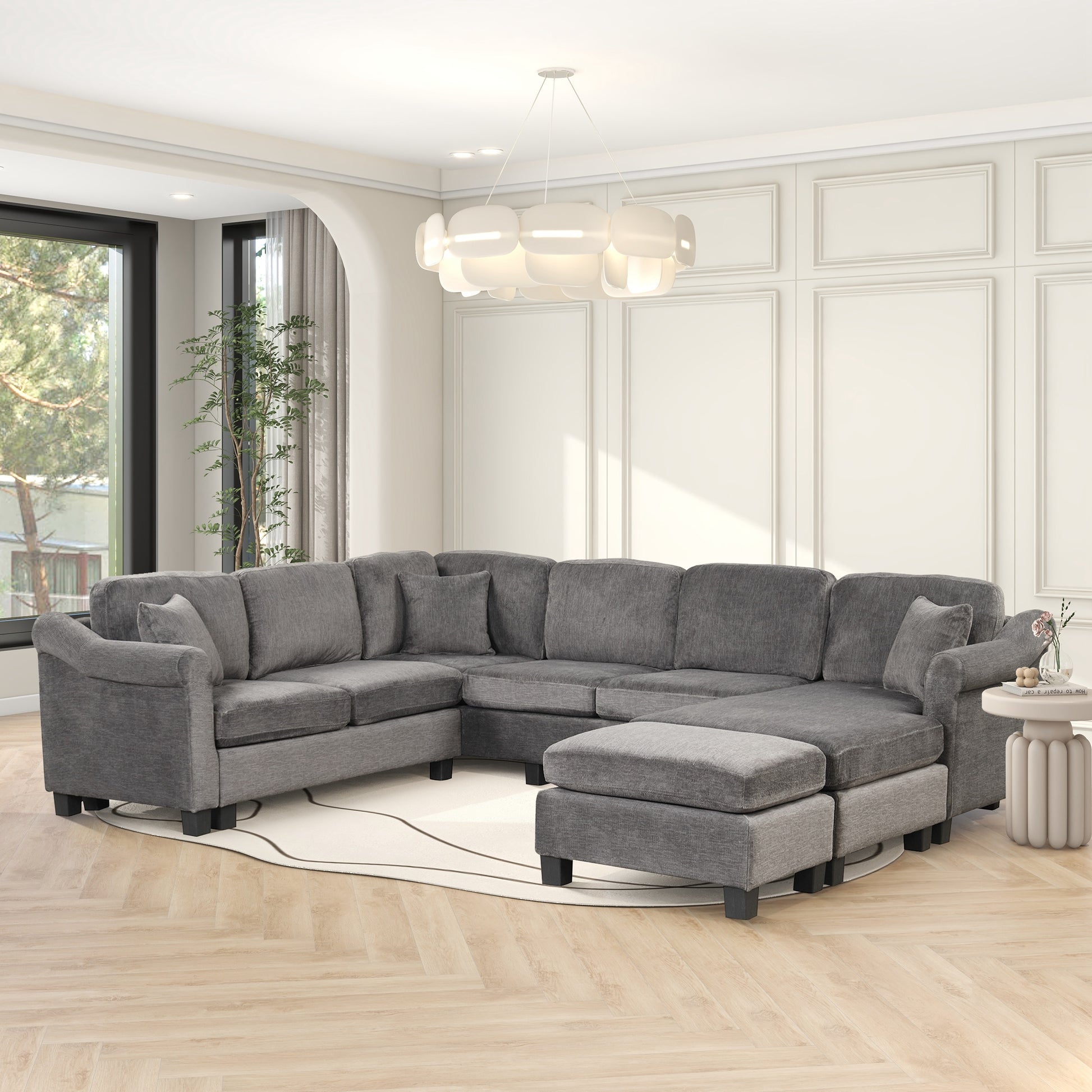 122.1" *91.3" 4Pcs Sectional Sofa With Ottoman With Right Side Chaise Velvet Fabric Dark Gray Dark Grey Foam Velvet 6 Seat