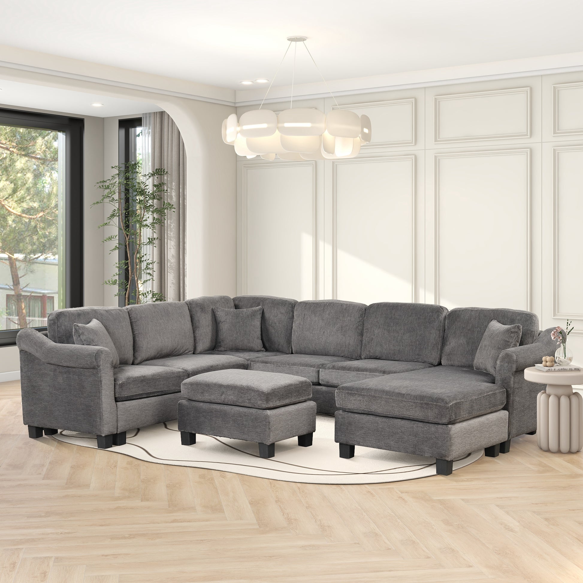 122.1" *91.3" 4Pcs Sectional Sofa With Ottoman With Right Side Chaise Velvet Fabric Dark Gray Dark Grey Foam Velvet 6 Seat