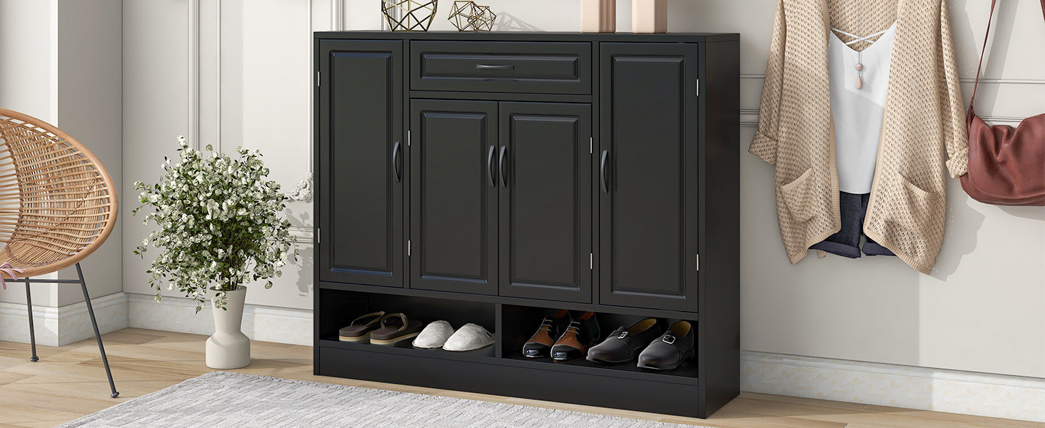 Sleek And Modern Shoe Cabinet With Adjustable Shelves, Minimalist Shoe Storage Organizer With Sturdy Top Surface, Space Saving Design Side Board For Various Sizes Of Items, Black Square 3 4 Spaces Black Primary Living Space Shelves Included Particle