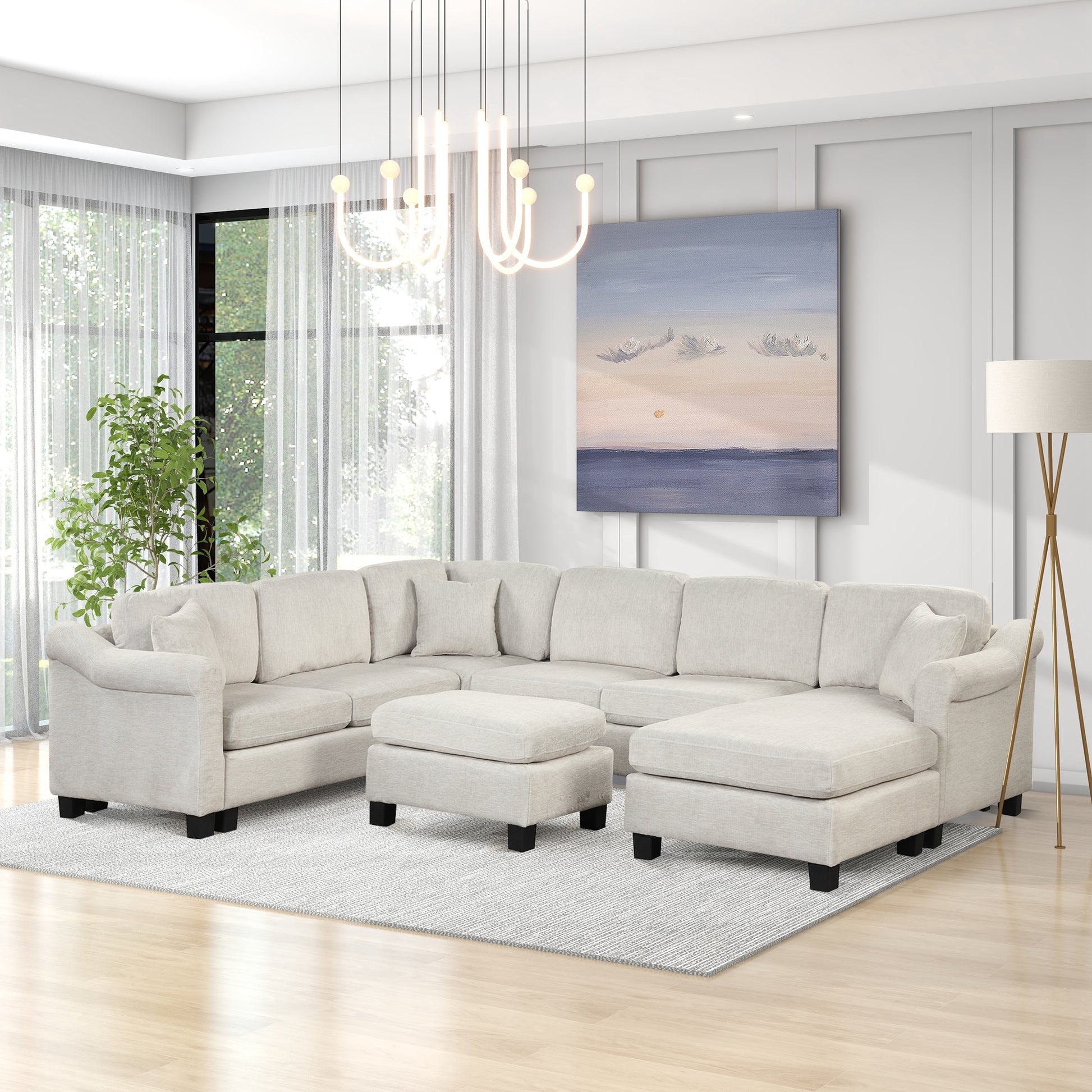 122.1" *91.3" 4Pcs Sectional Sofa With Ottoman With Right Side Chaise Velvet Fabric White White Foam Velvet 6 Seat