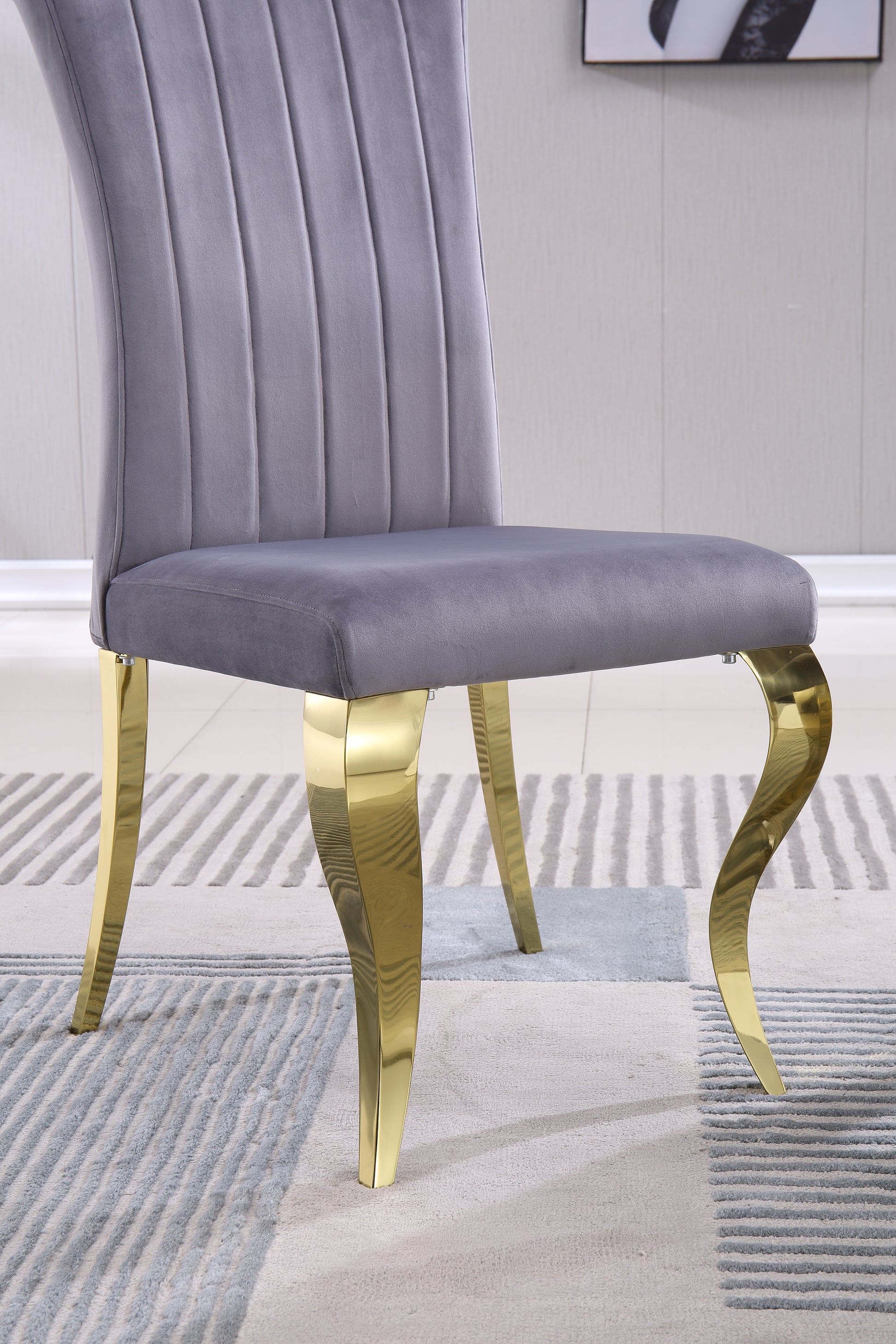 Modern Velvet Dining Chairs Set Of 2, Upholstered Accent Armless Chairs With Stripe Backrest Grey Gold Velvet