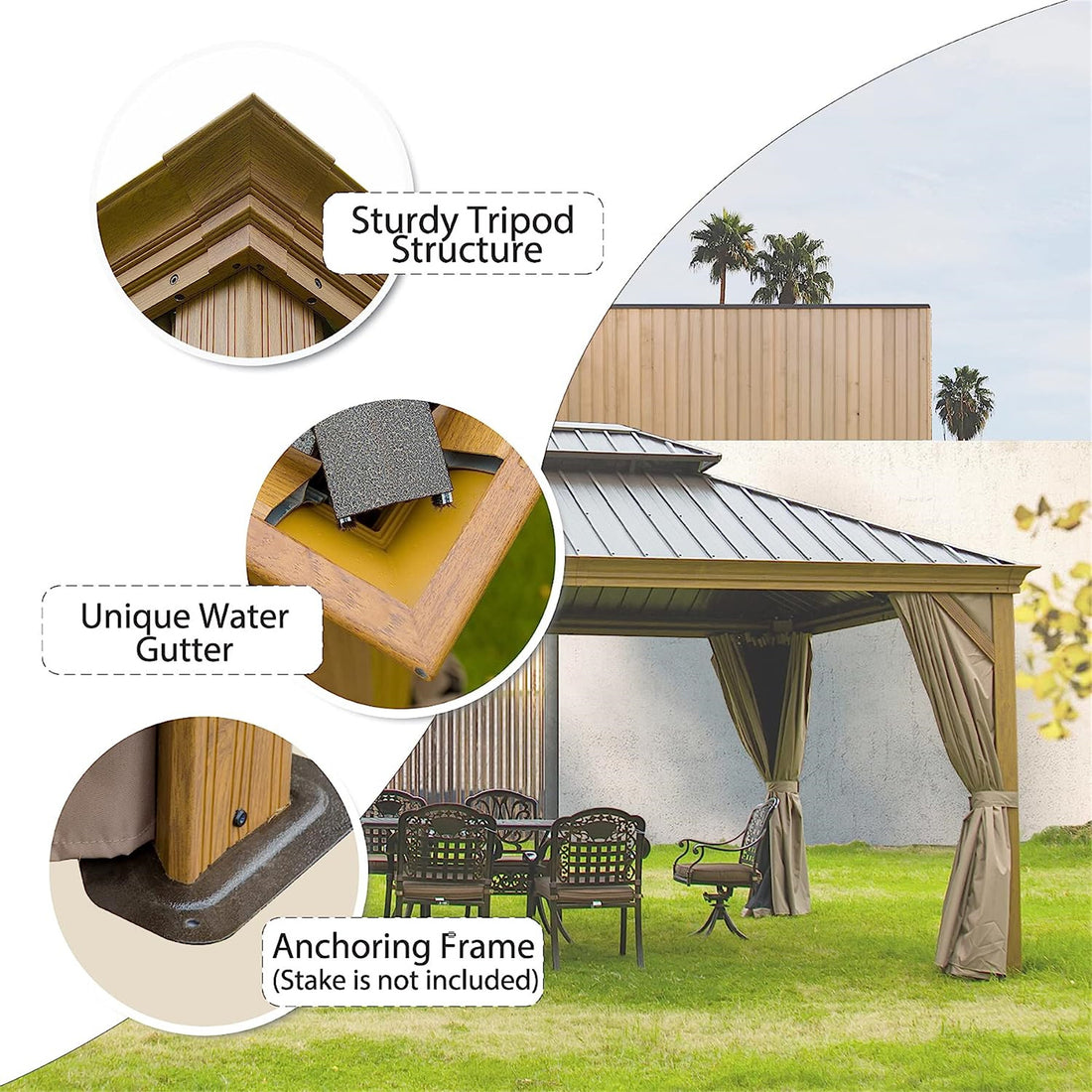 12'X14' Hardtop Gazebo, Wooden Coated Aluminum Frame Canopy With Galvanized Steel Double Roof, Outdoor Permanent Metal Pavilion With Curtains And Netting For Patio, Deck And Lawn Wood Looking Yellow Brown Aluminium