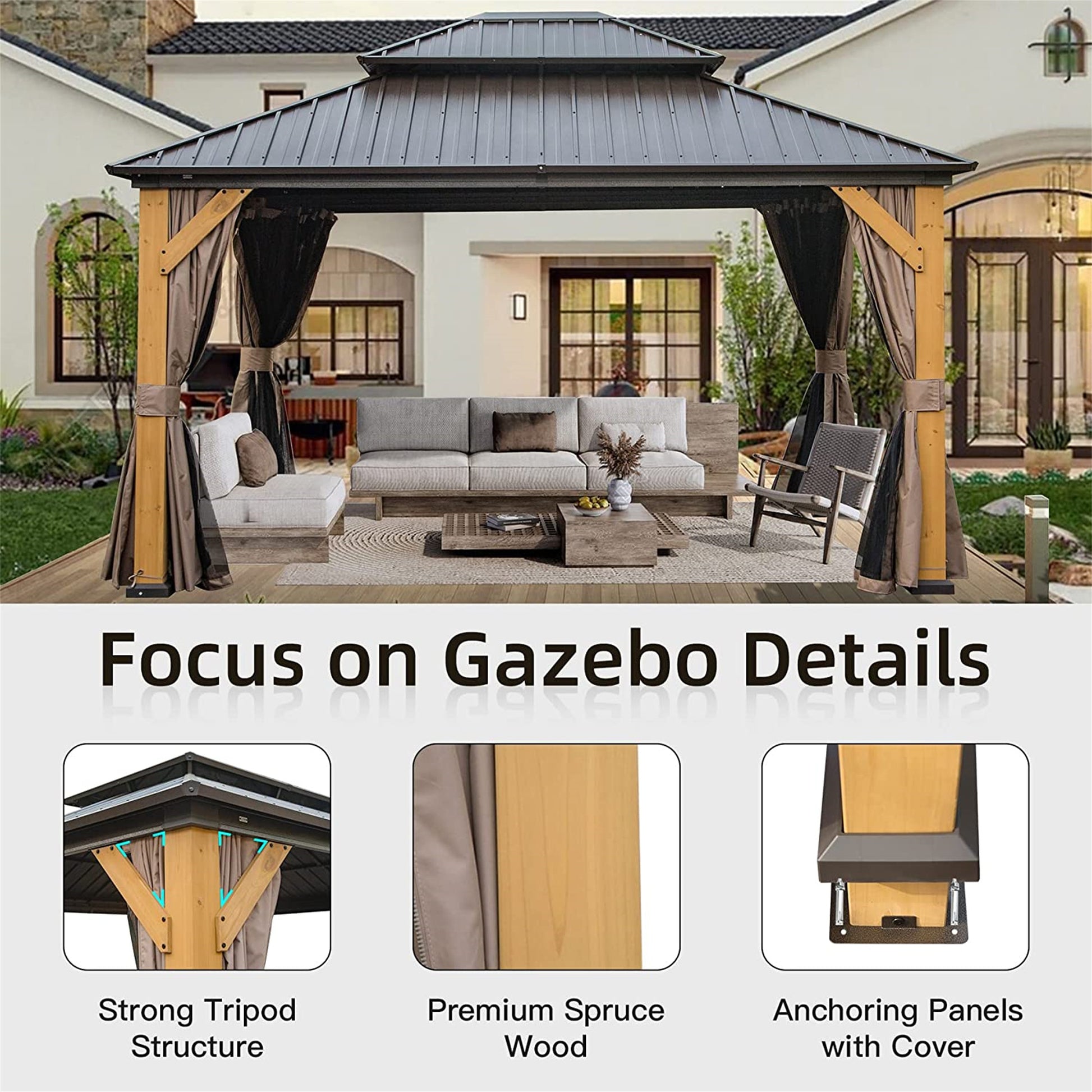 12'X14' Hardtop Gazebo, Outdoor Cedar Wood Frame Canopy With Galvanized Steel Double Roof, Outdoor Permanent Metal Pavilion With Curtains And Netting For Patio, Backyard And Lawn Brown Brown Metal &